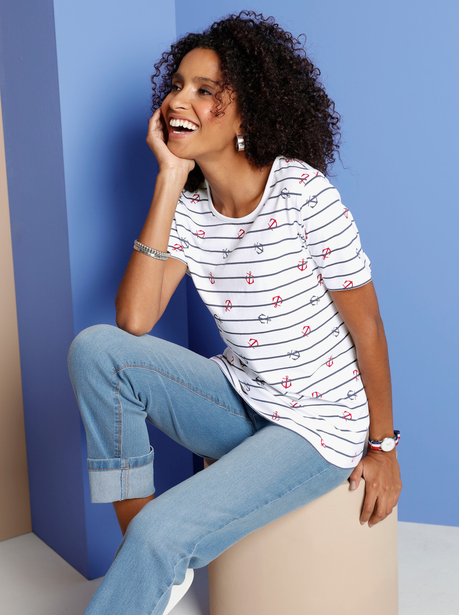 Kurzarmshirt im Marine-Look - weiß-bedruckt