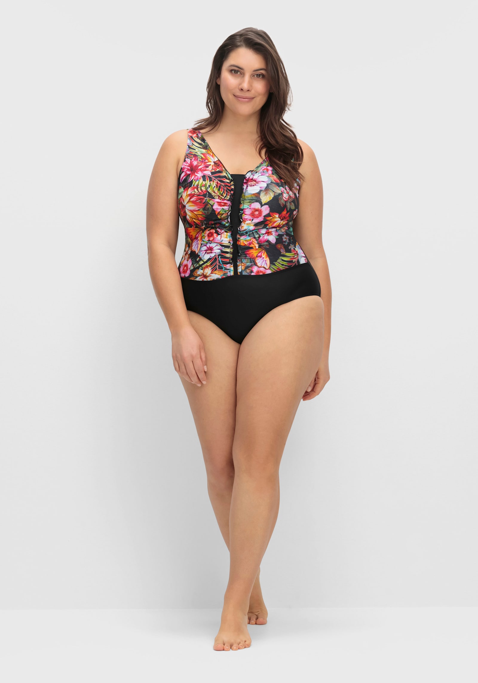 feel good Badeanzug mit Raffung am V-Ausschnitt - schwarz-bunt-bedruckt