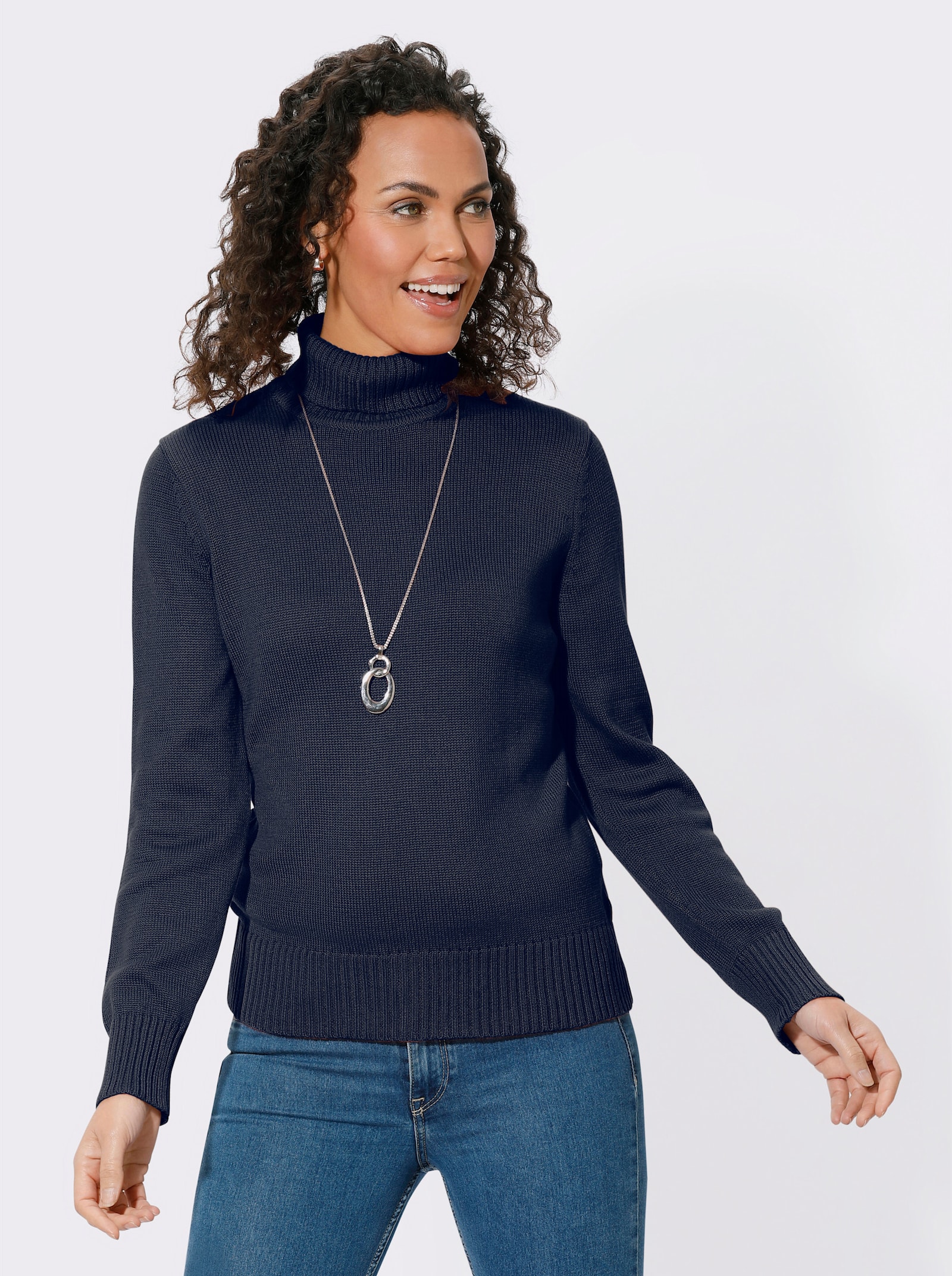 Rollkragenpullover im Baumwoll-Mix - marine