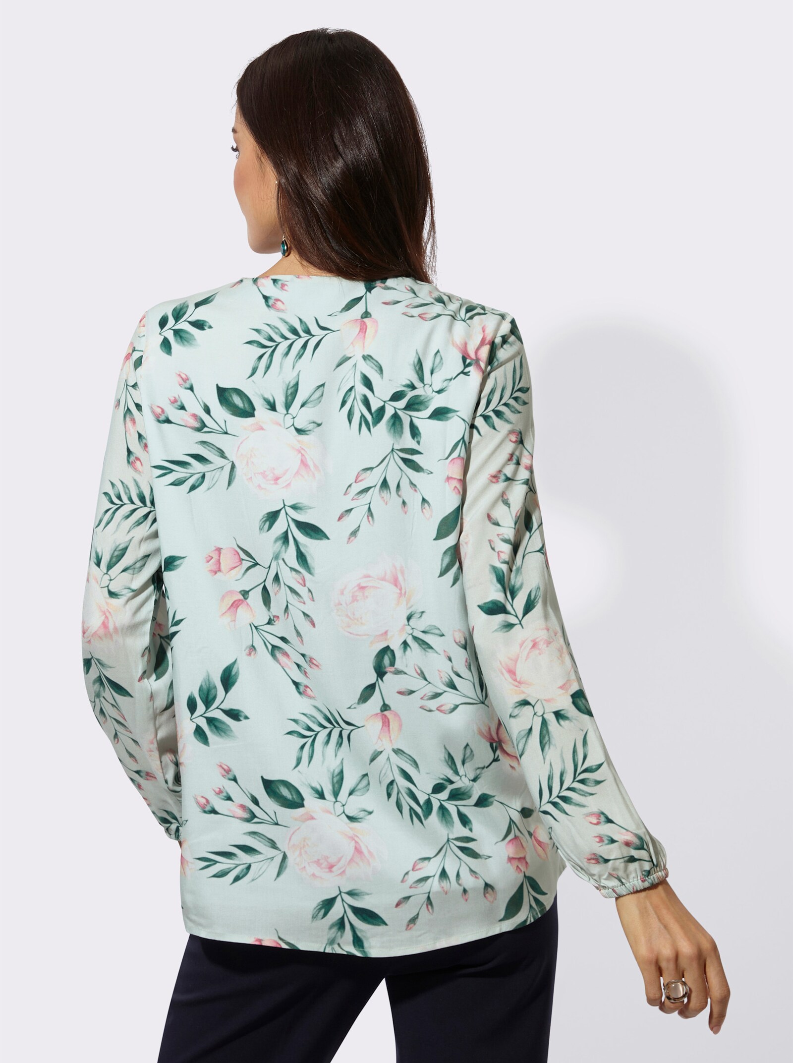 Longbluse mit floralem Dessin - kalkmint-aquapetrol-bedruckt