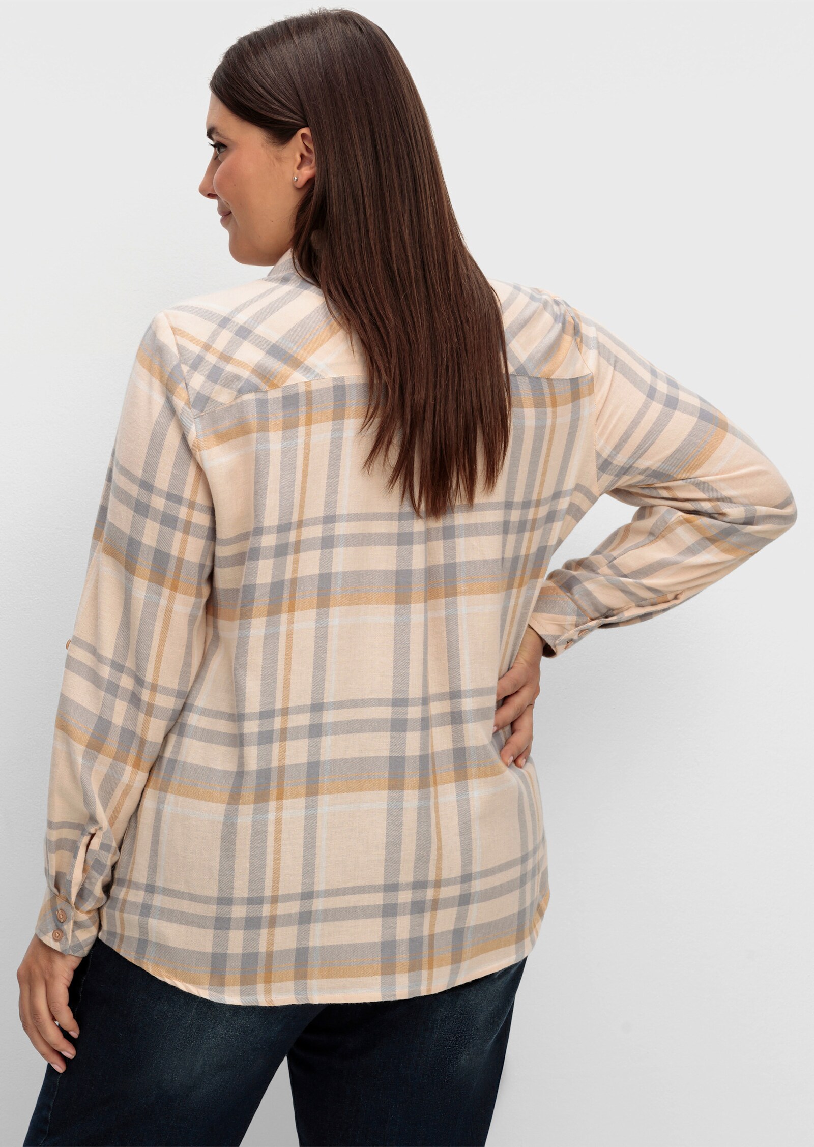 Flanellbluse mit krempelbaren Ärmeln - camel-steingrau-kariert