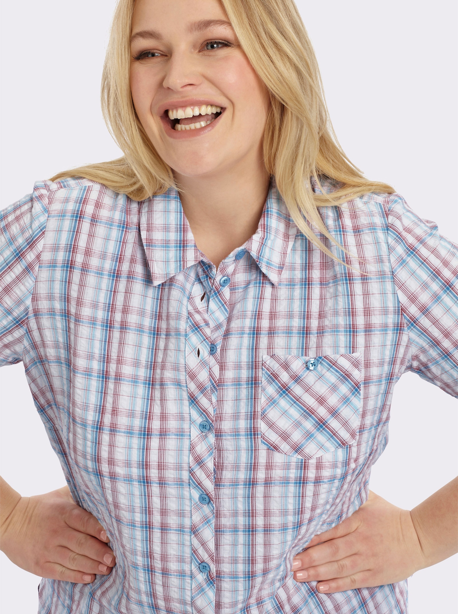 Baumwollbluse aus Seersucker - jeansblau-kariert