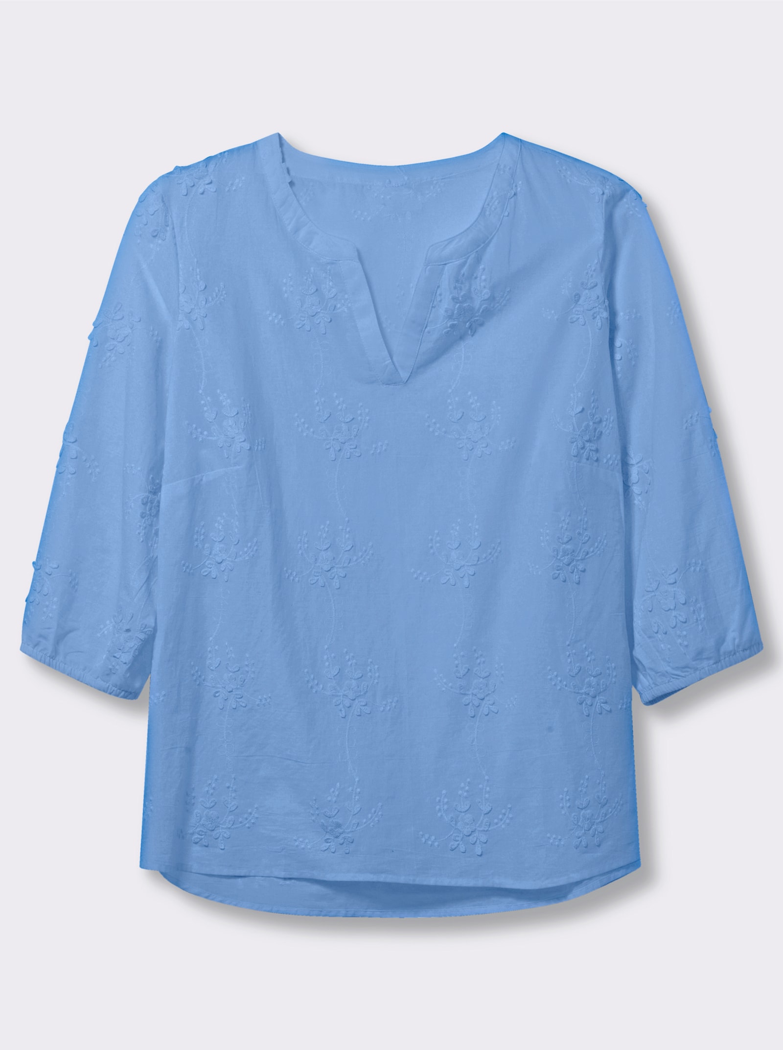 Baumwollbluse mit 3D-Blütenstickerei - himmelblau