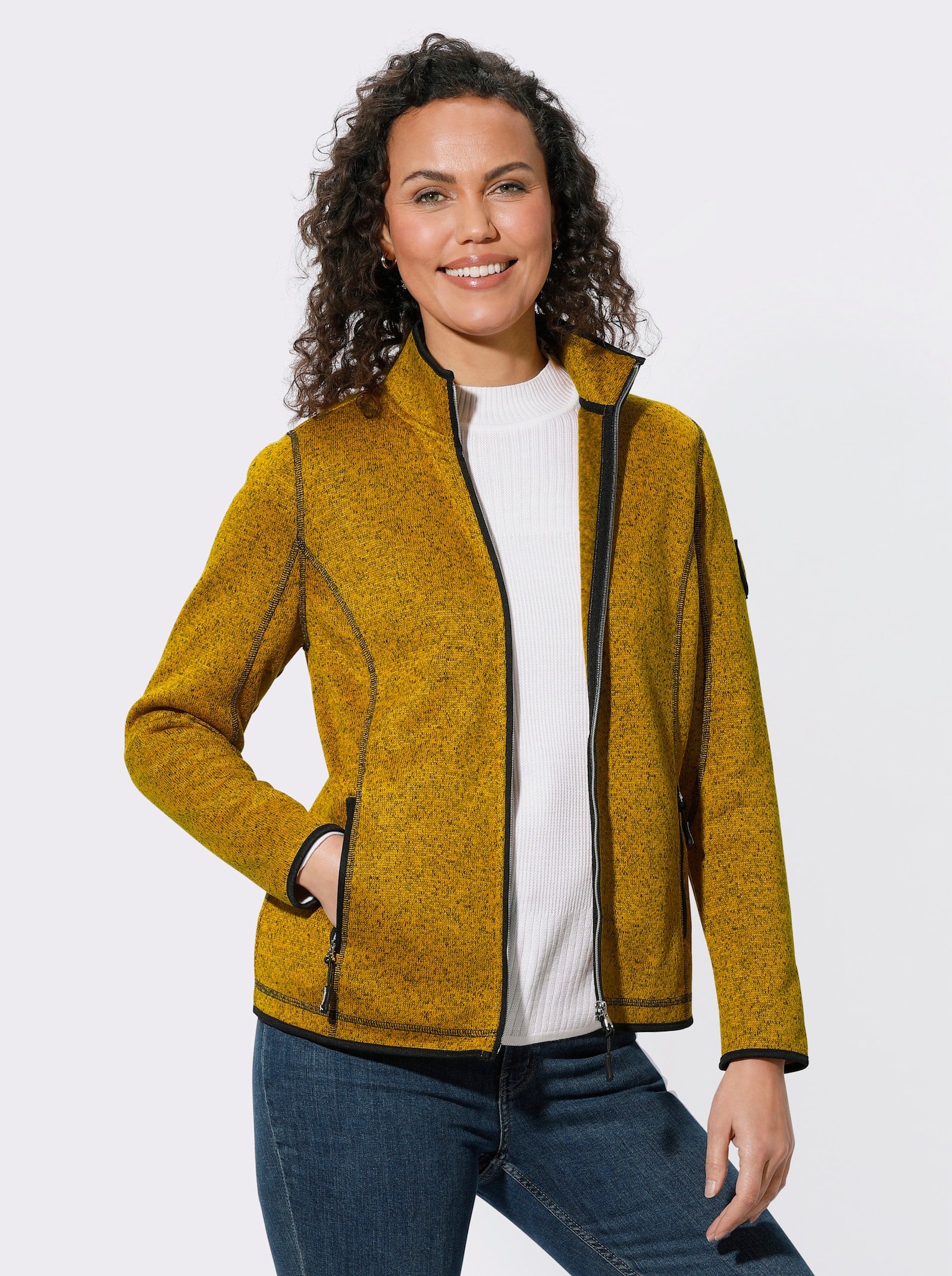 Strickfleecejacke in Melange-Optik - ocker-schwarz-gemustert