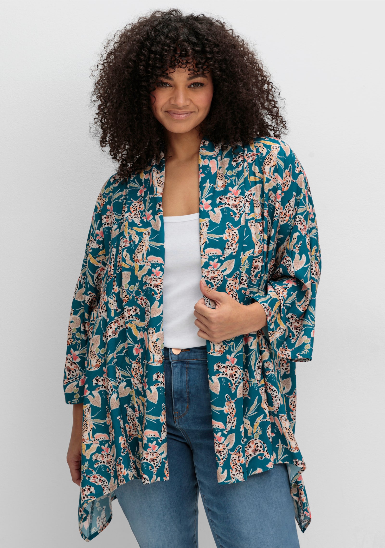 sheego by Joe Browns Longbluse im Kimono-Stil, mit Blumendruck - aqua-gemustert