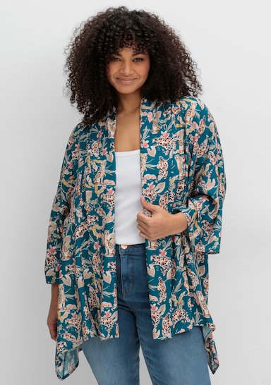sheego by Joe Browns Longbluse im Kimono-Stil, mit Blumendruck - aqua-gemustert