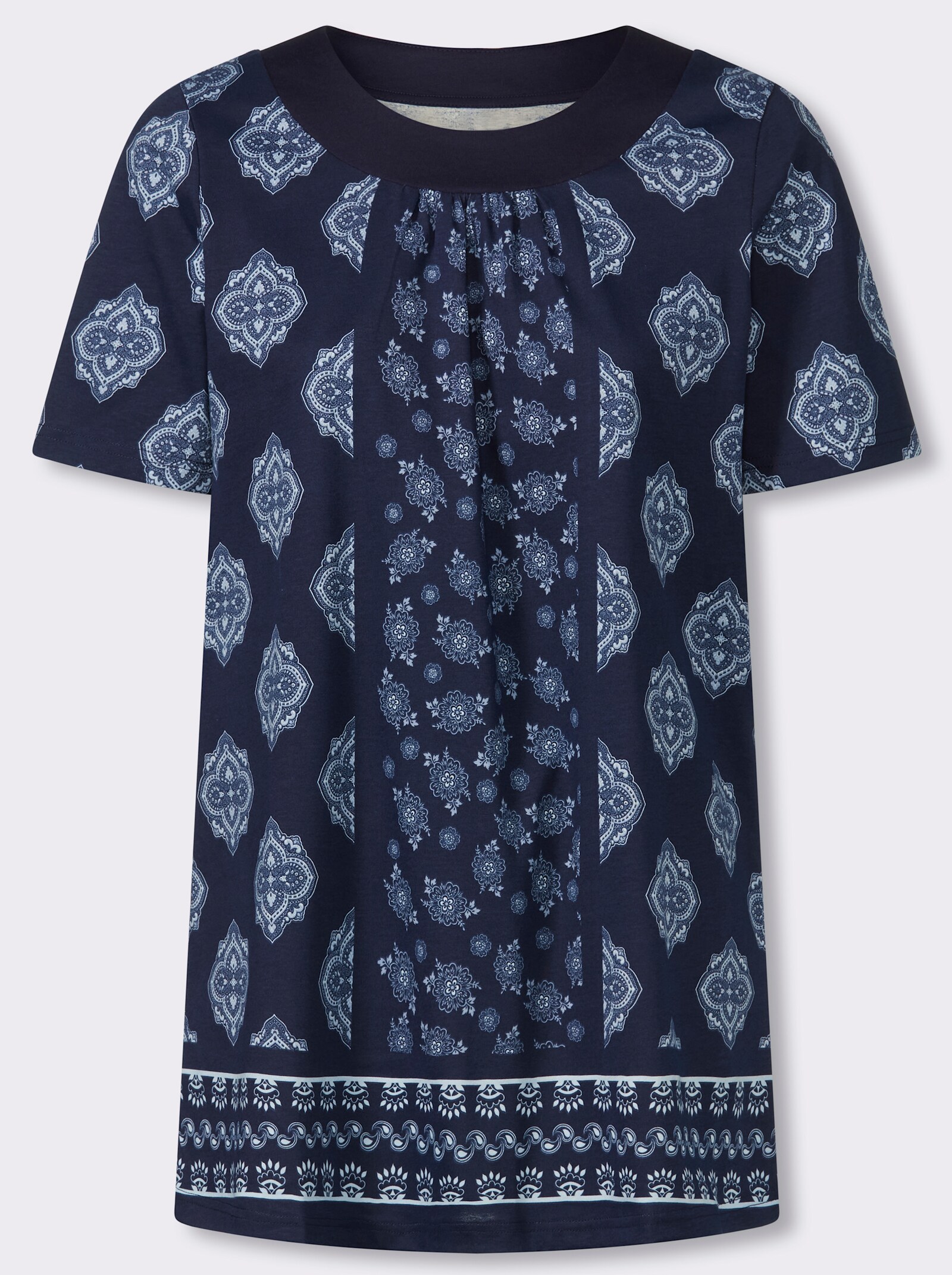 Longshirt mit gekräuseltem Rundhals-Ausschnitt - marine-hellblau-bedruckt
