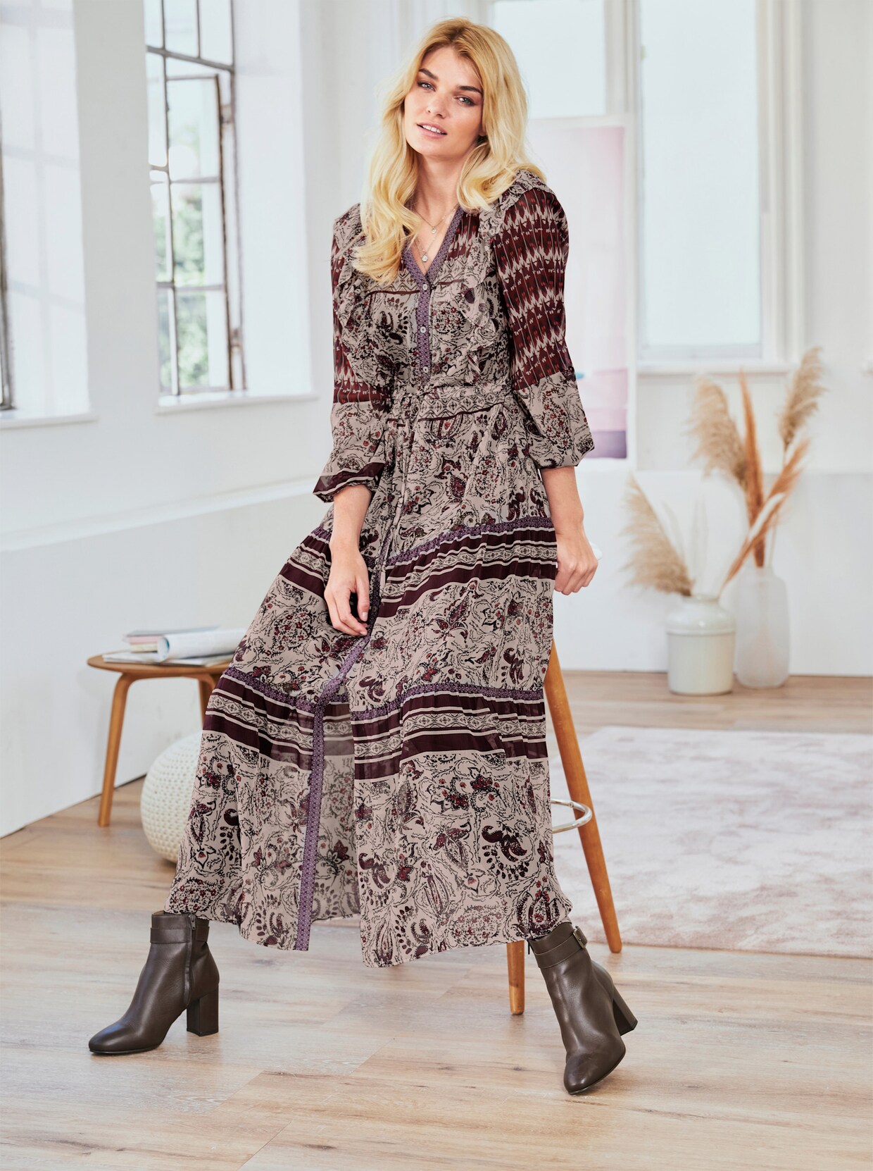 heine Druck-Kleid - bordeaux-champagner-bedruckt