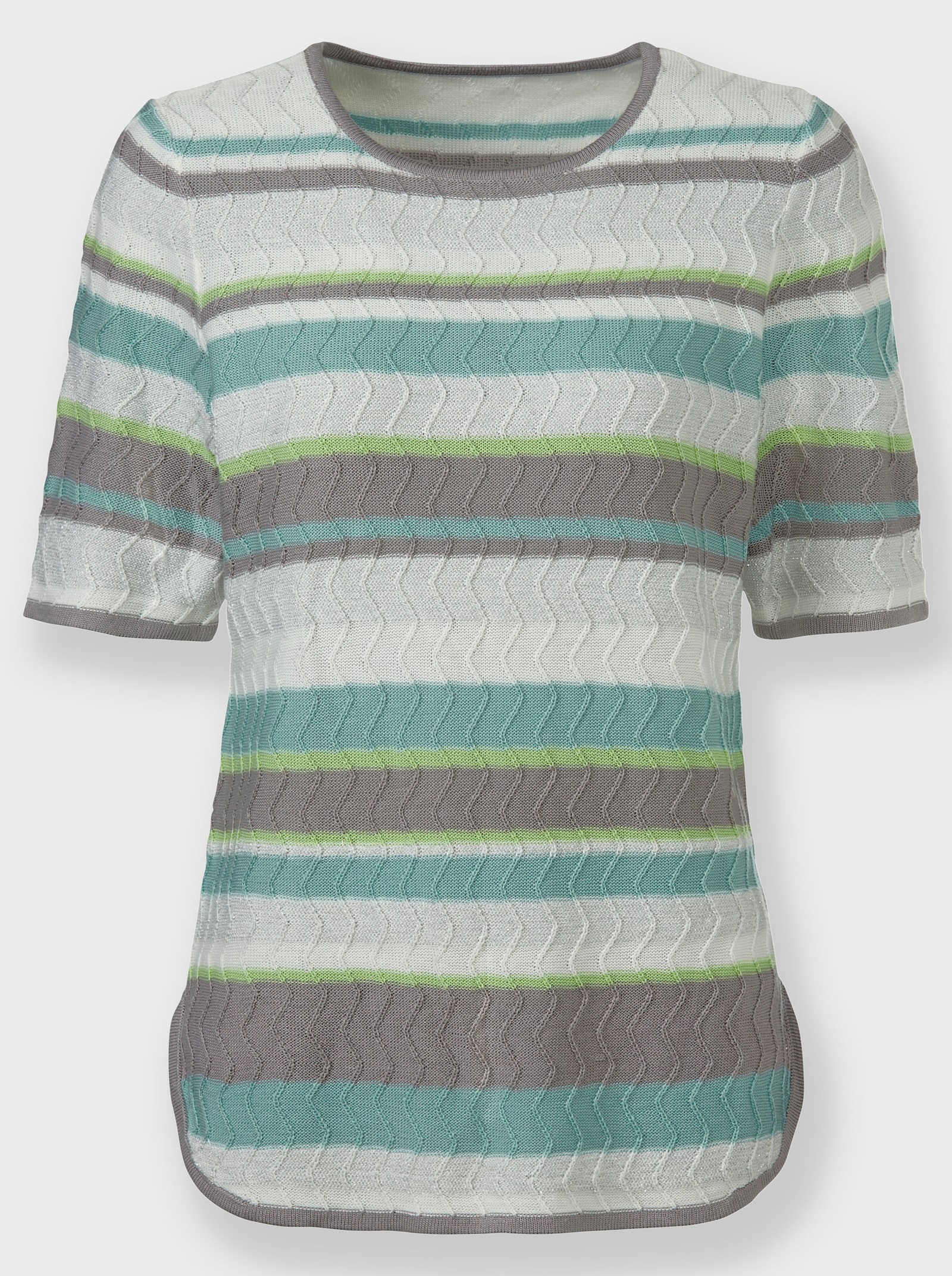 Kurzarmpullover im aufwendigen Strickmuster - mint-ecru-geringelt