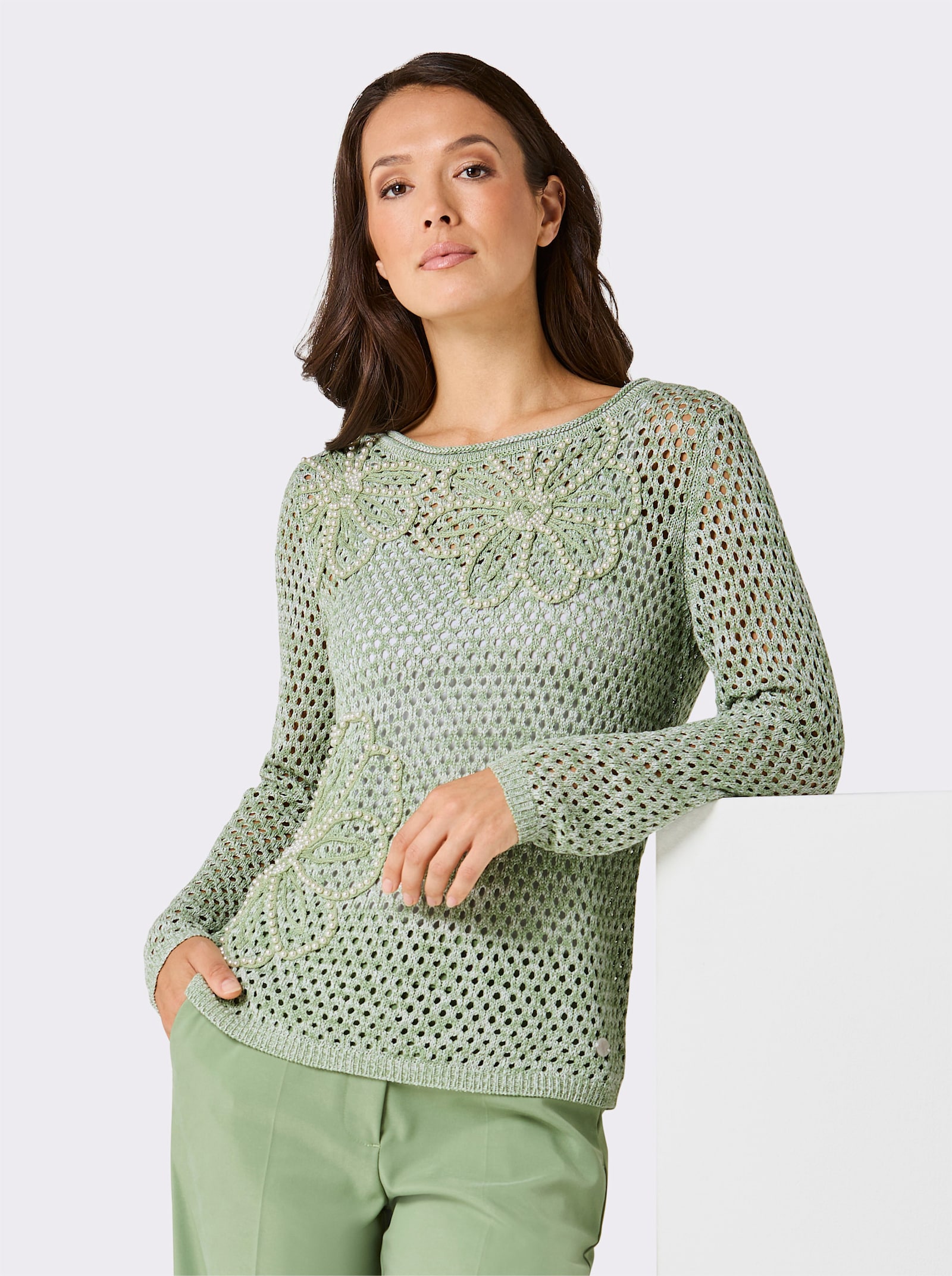 CREATION L PREMIUM Ajourpullover mit Leinen-Anteil - eucalyptus-ecru-meliert