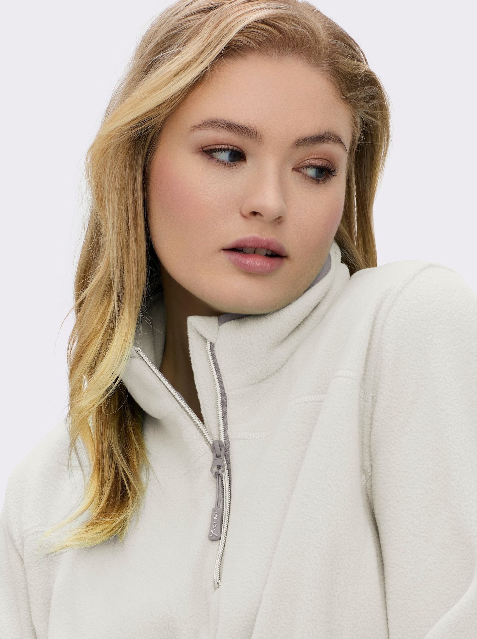 Fleeceshirt mit Stehkragen und Reißverschluss - ecru