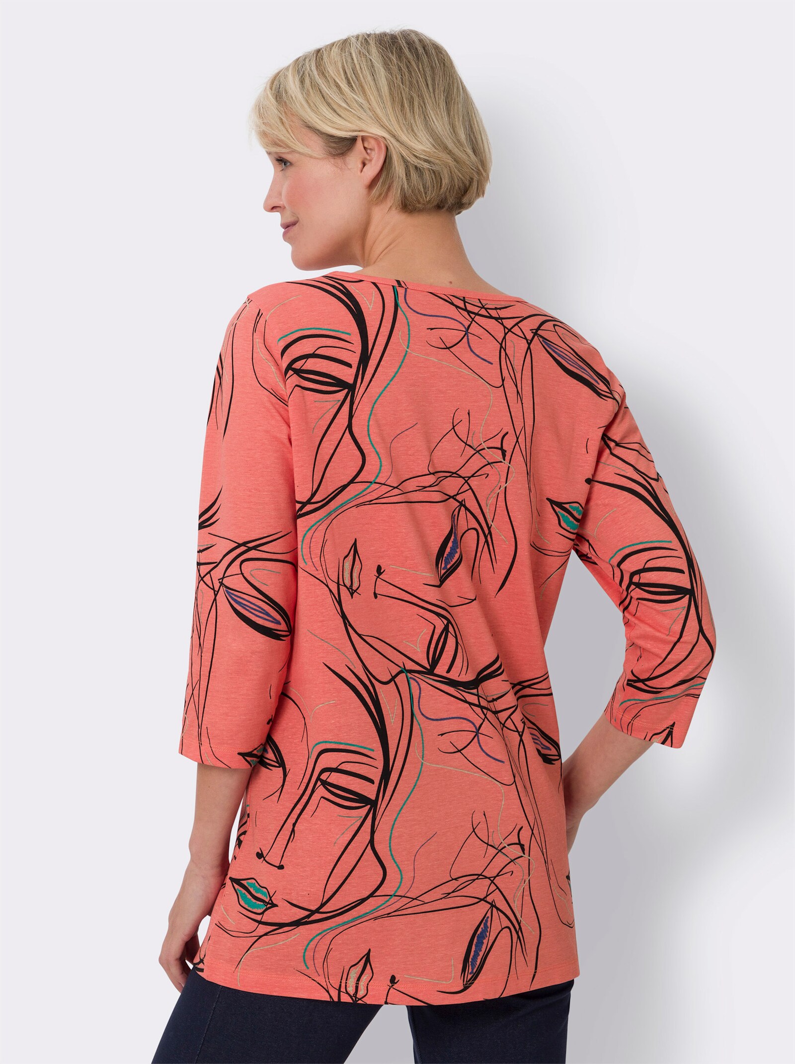 Longshirt mit 3/4-Ärmeln - koralle-schwarz-bedruckt