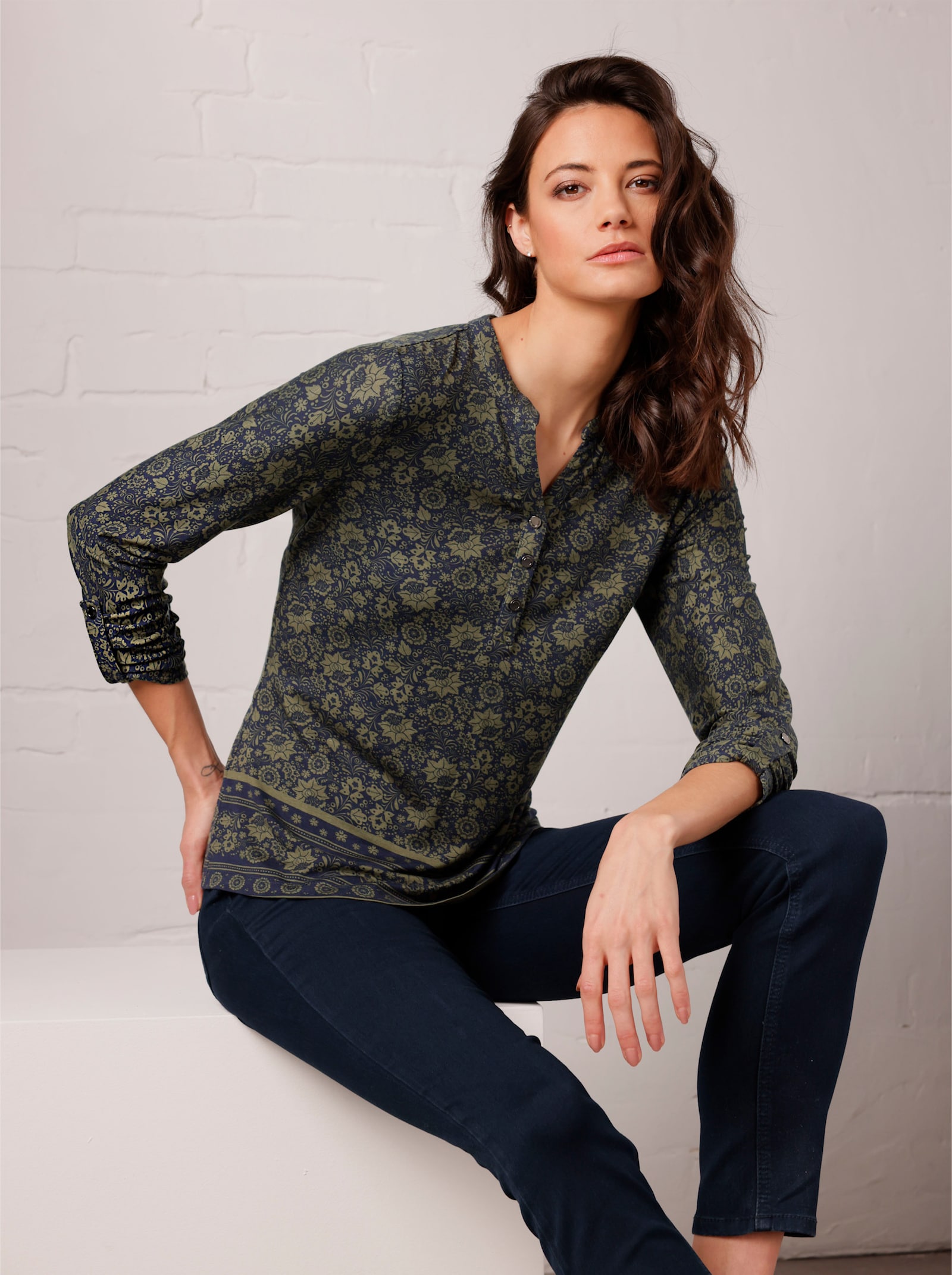 CREATION L PREMIUM Print-Shirt in Lyocell-Qualität - khaki-marine-bedruckt