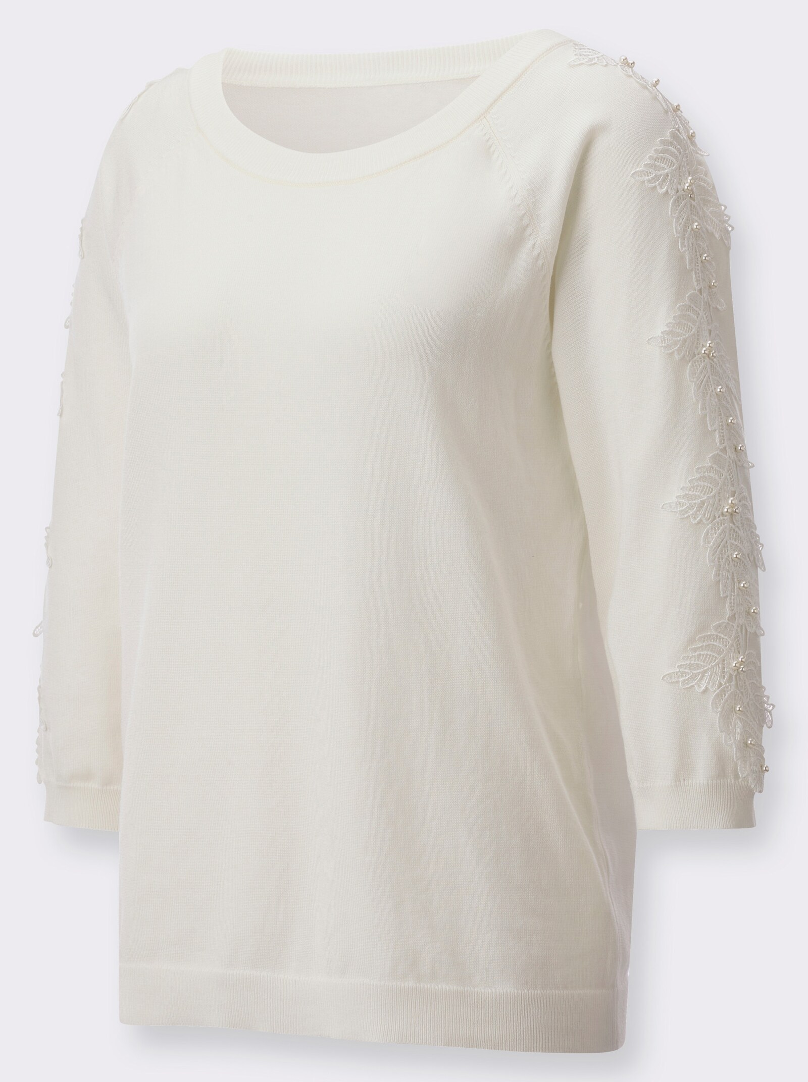 Langarm-Pullover mit Spitze und Zierperlen - ecru