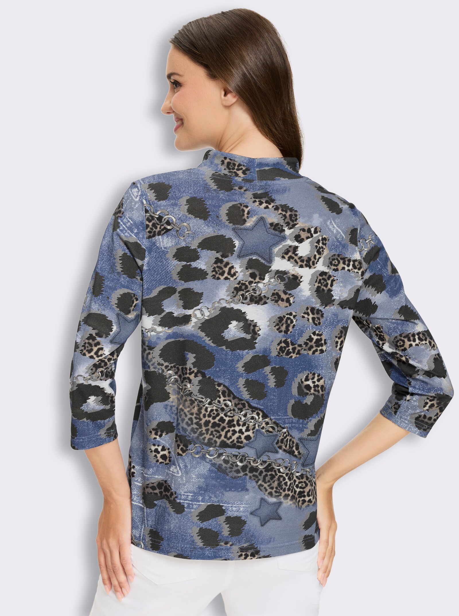 Stehkragenshirt aus reiner Baumwolle - jeansblau-schwarz-bedruckt
