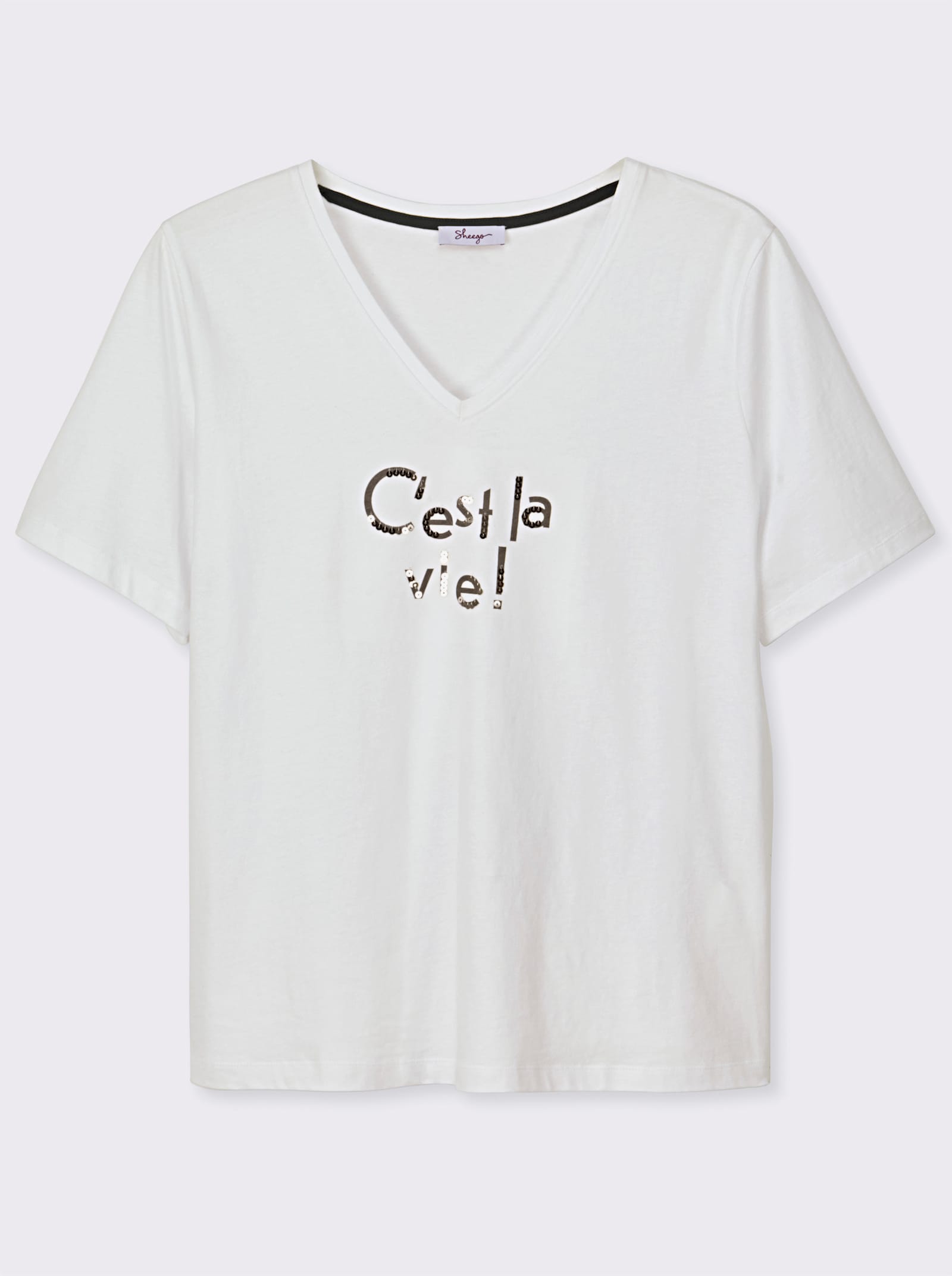 sheego Shirt met V-hals, tekstprint en pailletten - ecru