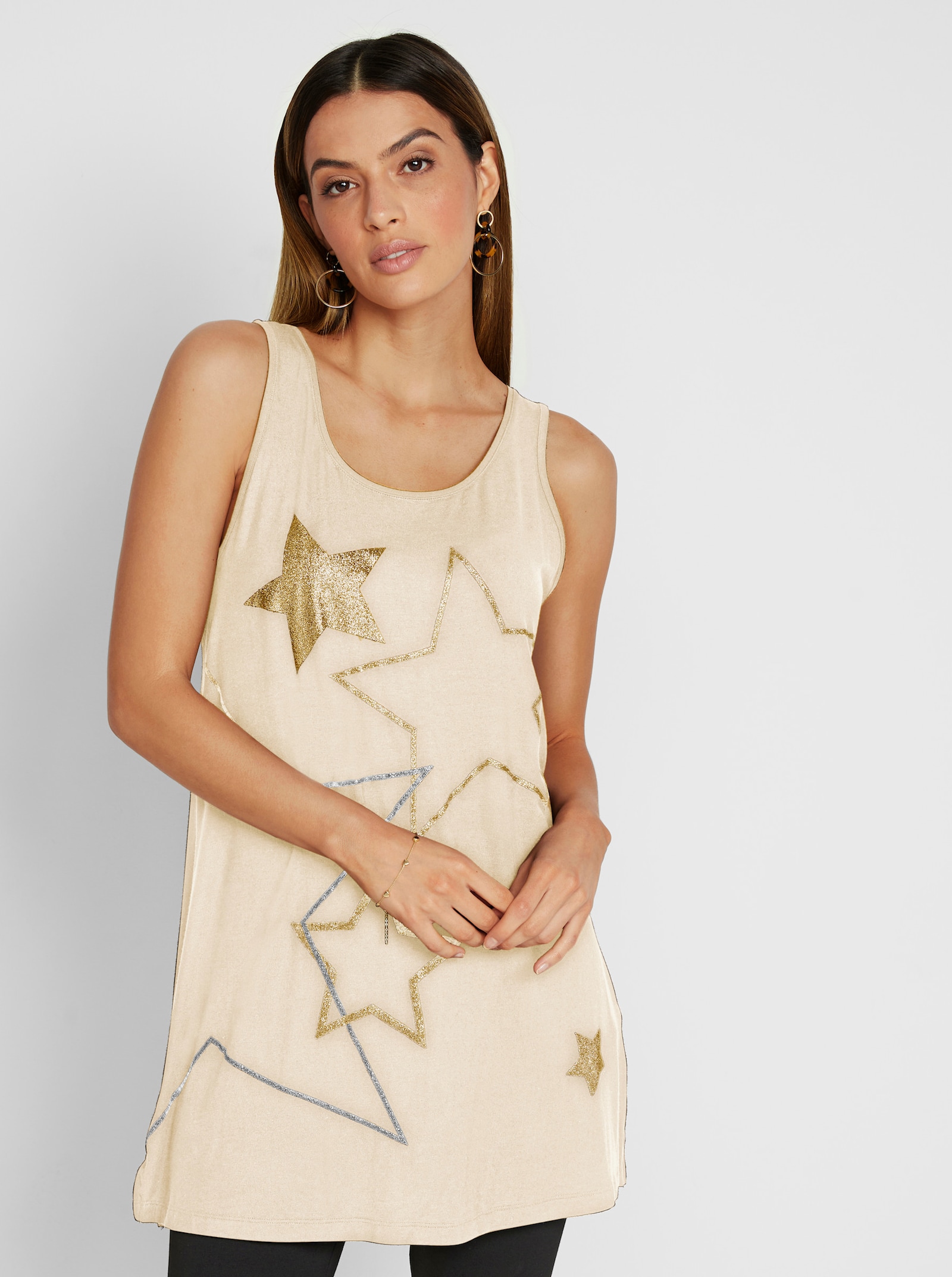 Longtop mit Sternen-Print - champagner-silberfarben