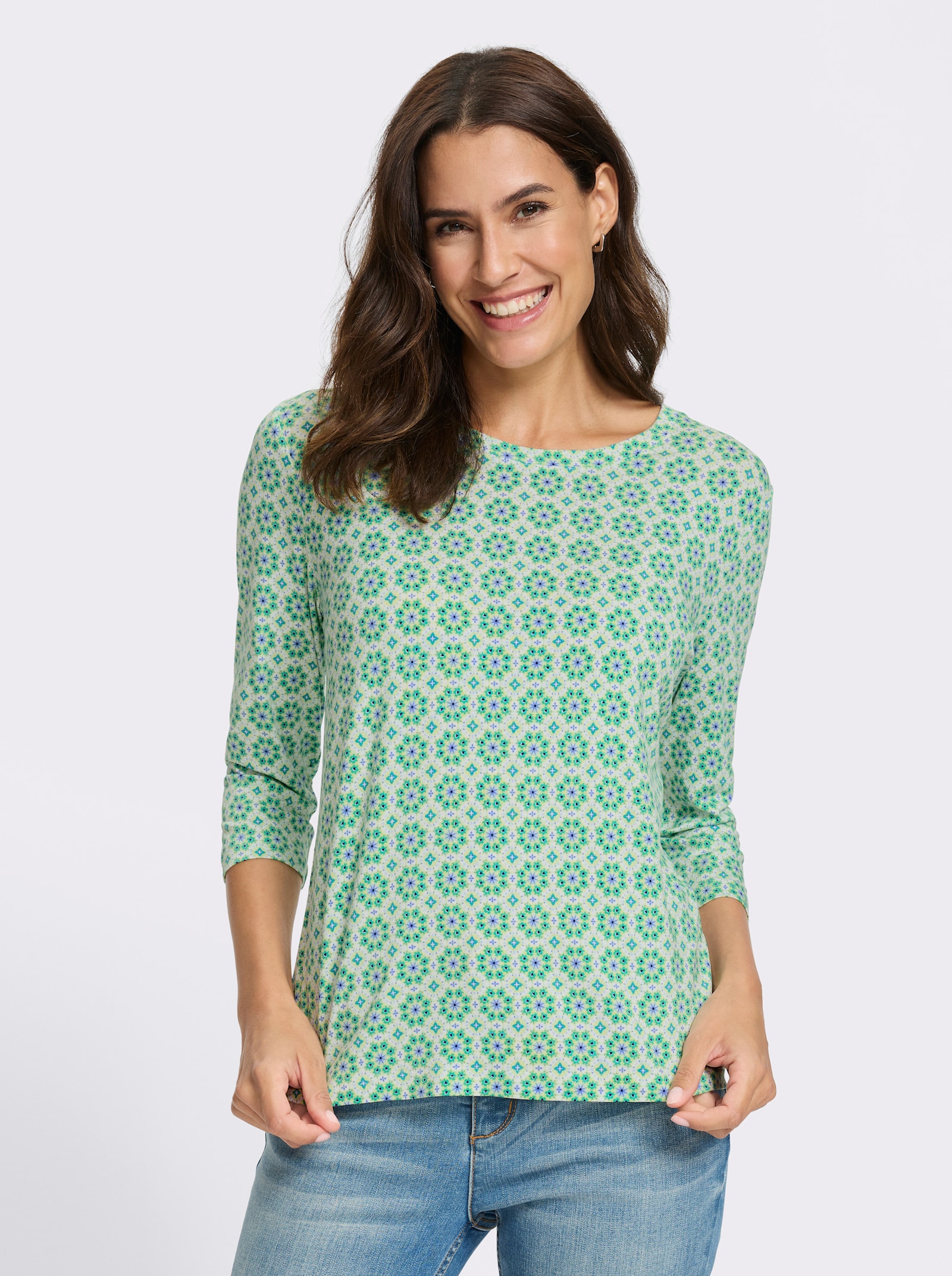 3/4-Arm-Shirt mit Druck allover - weiß-pistazie-bedruckt