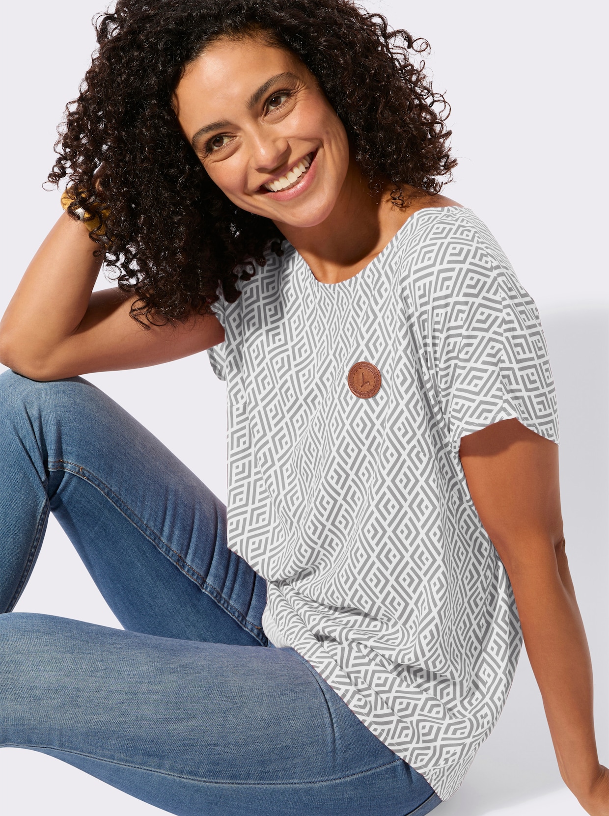 Druckbluse - ecru-steingrau-bedruckt