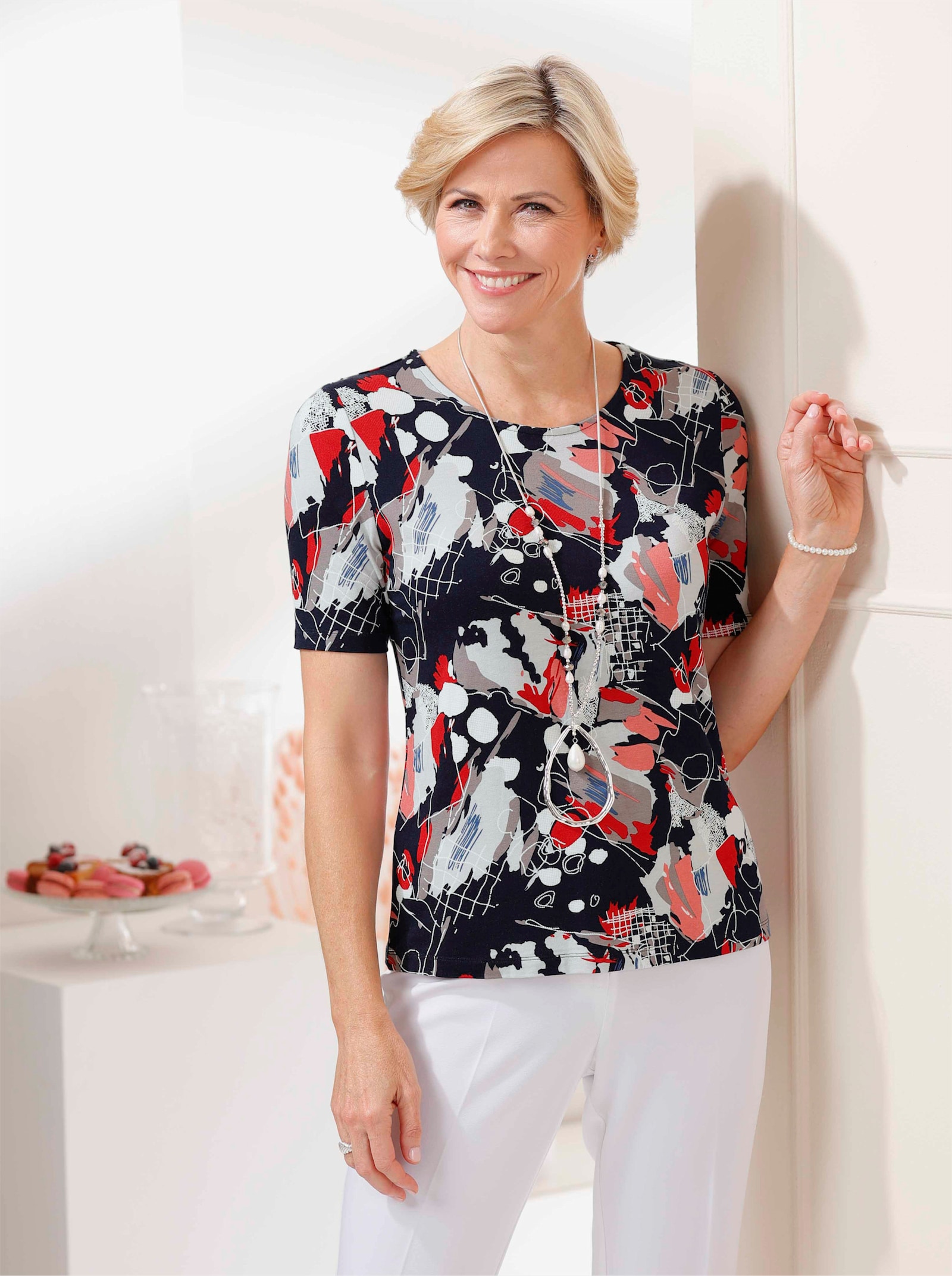 Shirt met ronde hals in gemengd grafisch dessin - marine/koraal bedrukt