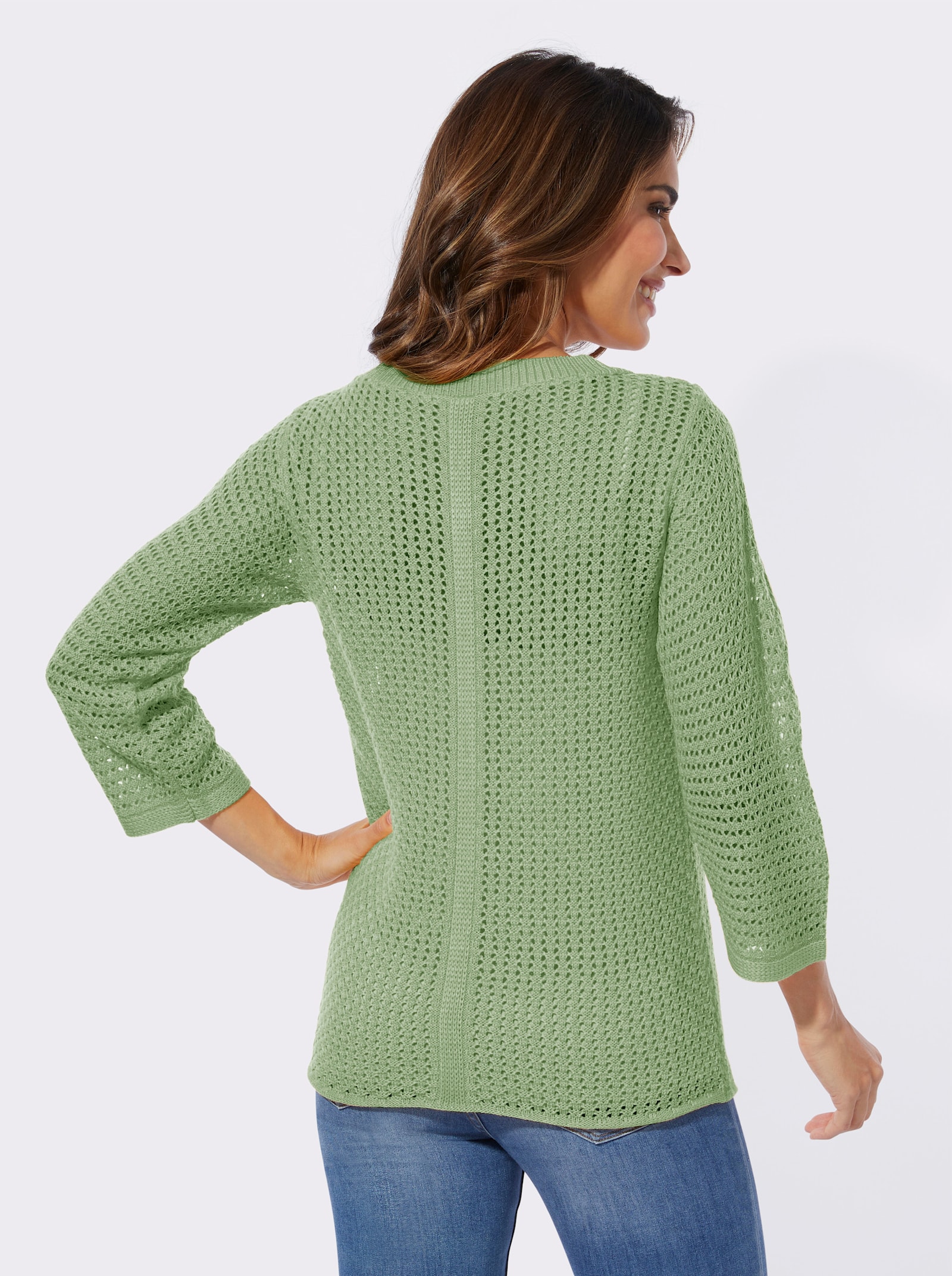 Tröja med hålmönster och vid, rund halsringning - eukalyptus