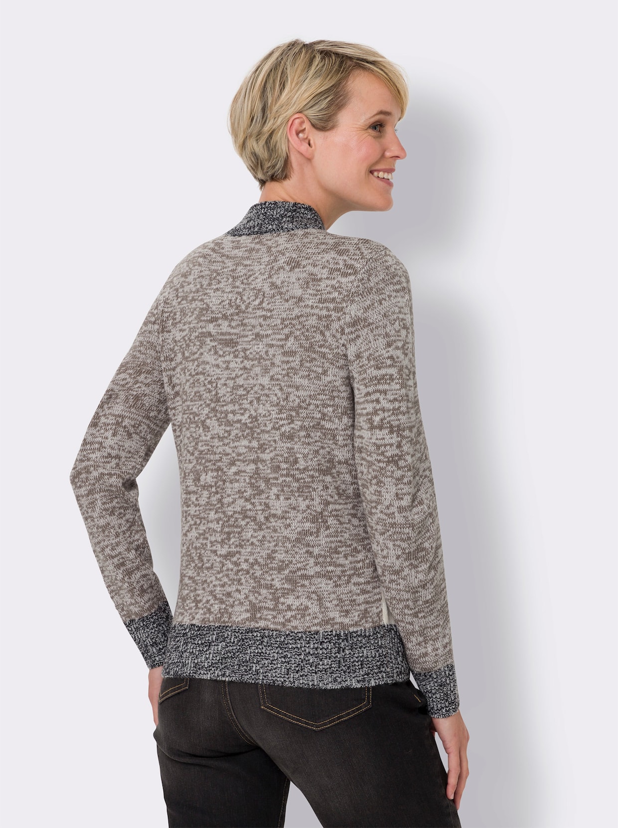 Stehkragenpullover - taupe-schwarz-meliert