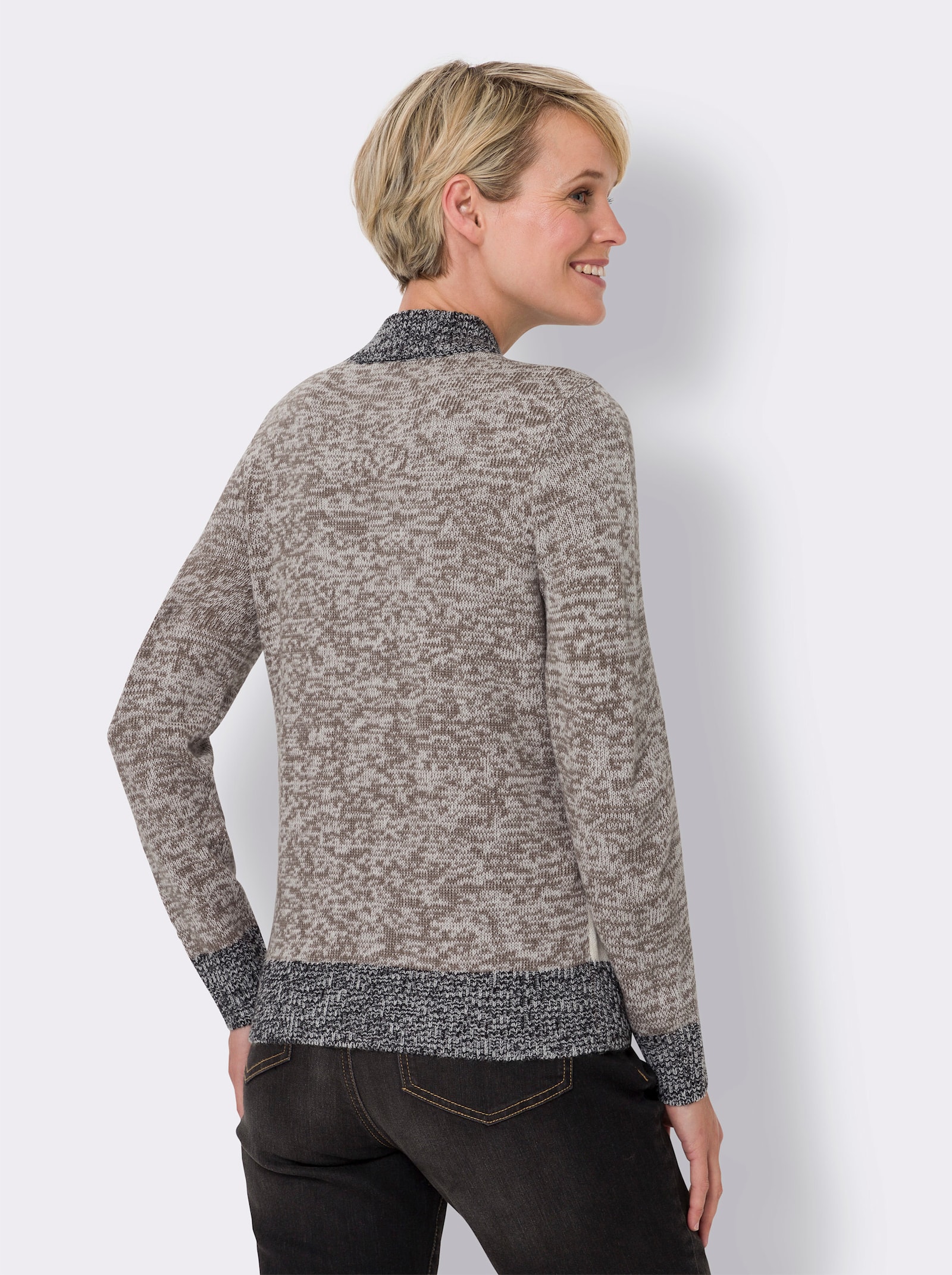Stehkragenpullover in Patchwork-Optik - taupe-schwarz-meliert