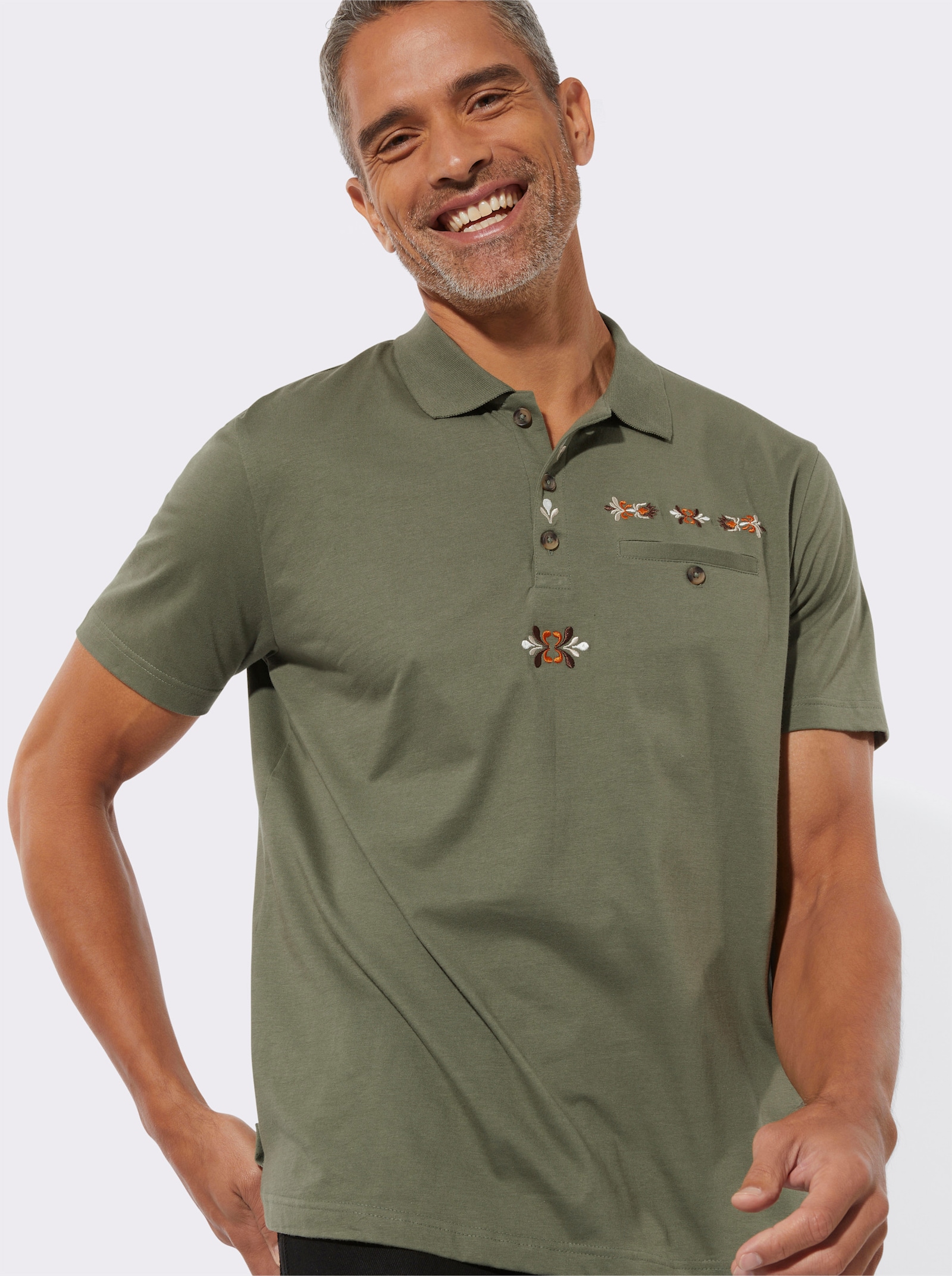 Poloshirt met folkloreborduursel - kaki