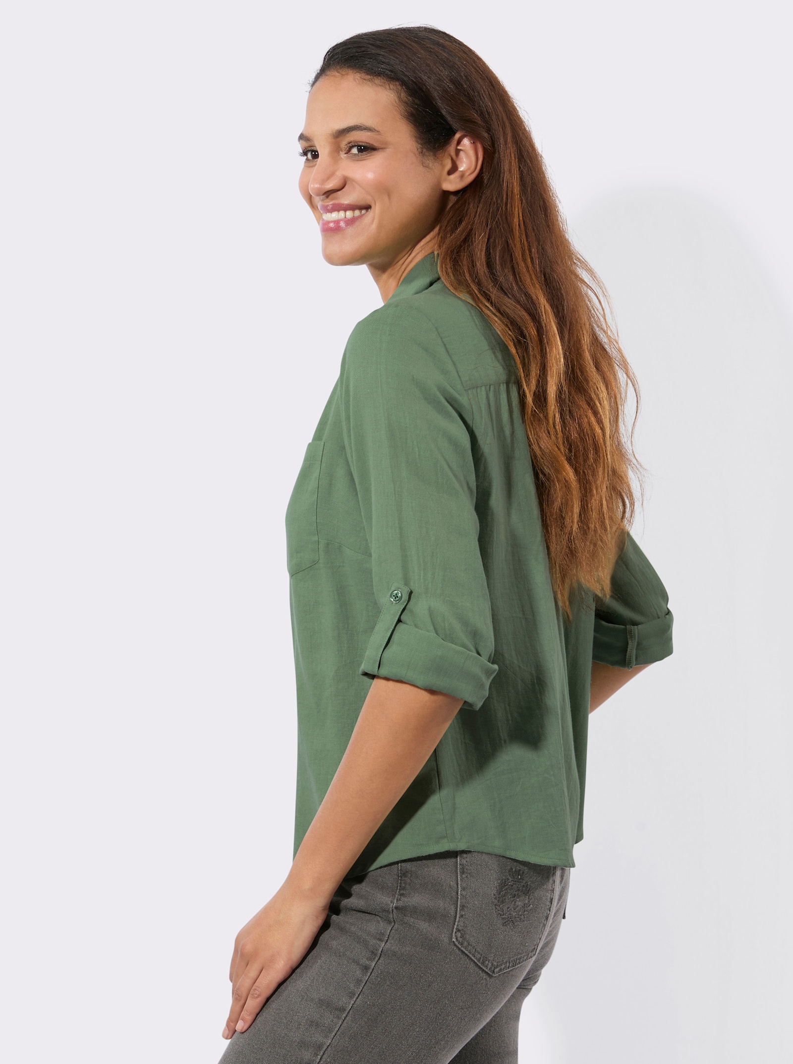 Flanellbluse mit Karomuster-Details - eucalyptus