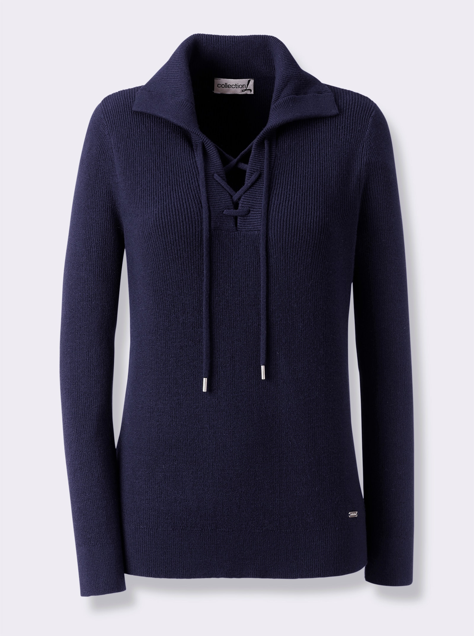 Langarm-Pullover mit Schnürung am Ausschnitt - marine