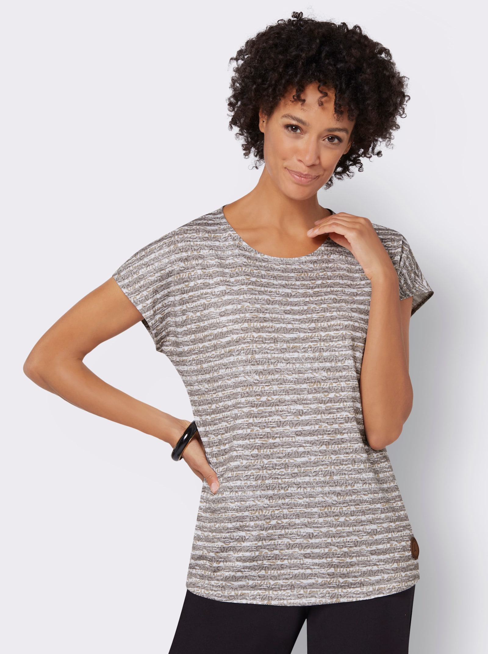 Rundhalsshirt mit weicher Baumwolle - taupe-ecru-geringelt