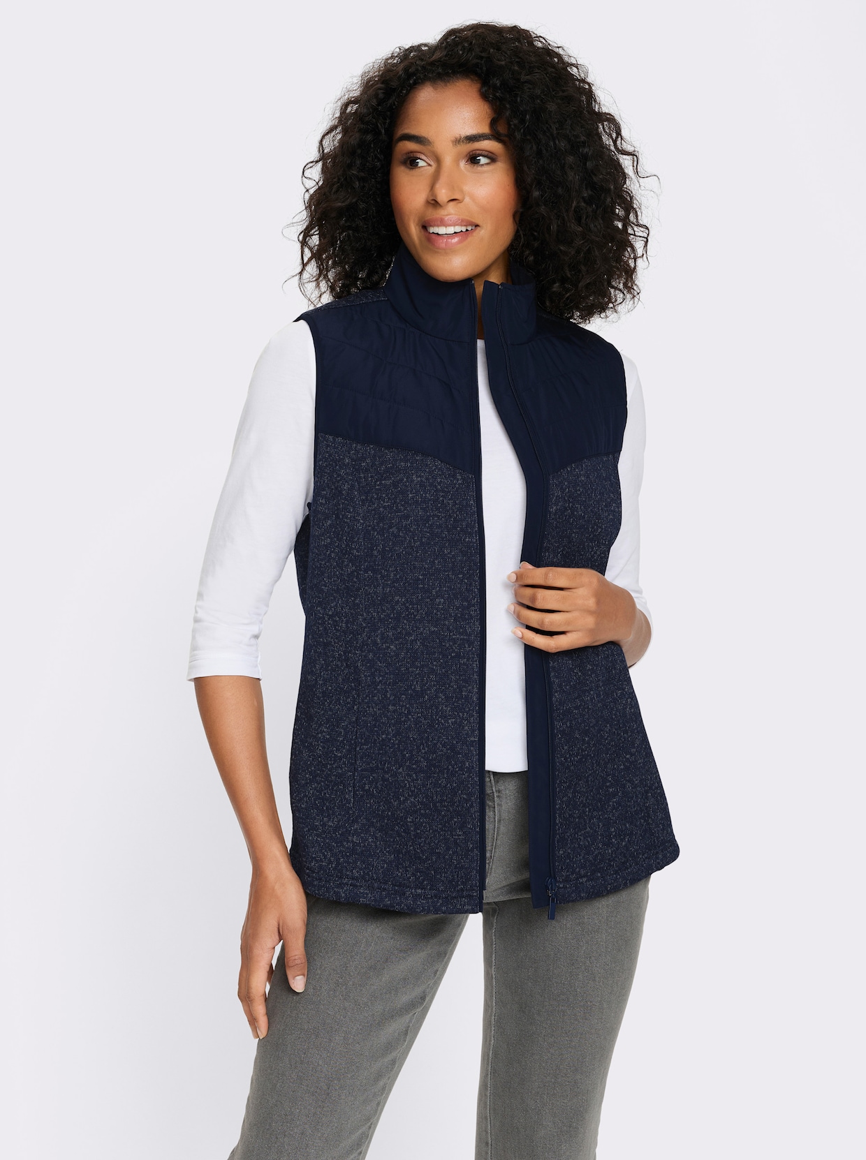 Fleeceweste mit gesteppten Einsätzen - marine-meliert