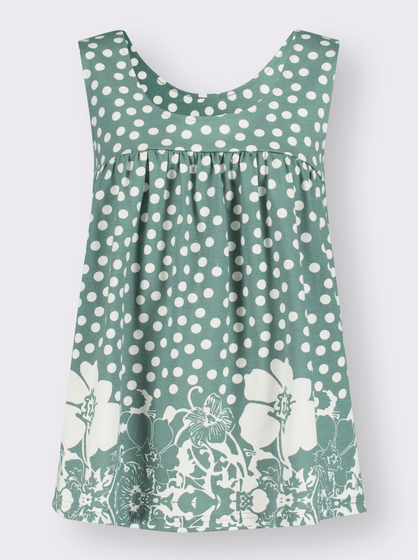 Tričkový top, riasenie vpredu a vzadu - nefritovo-biela potlač