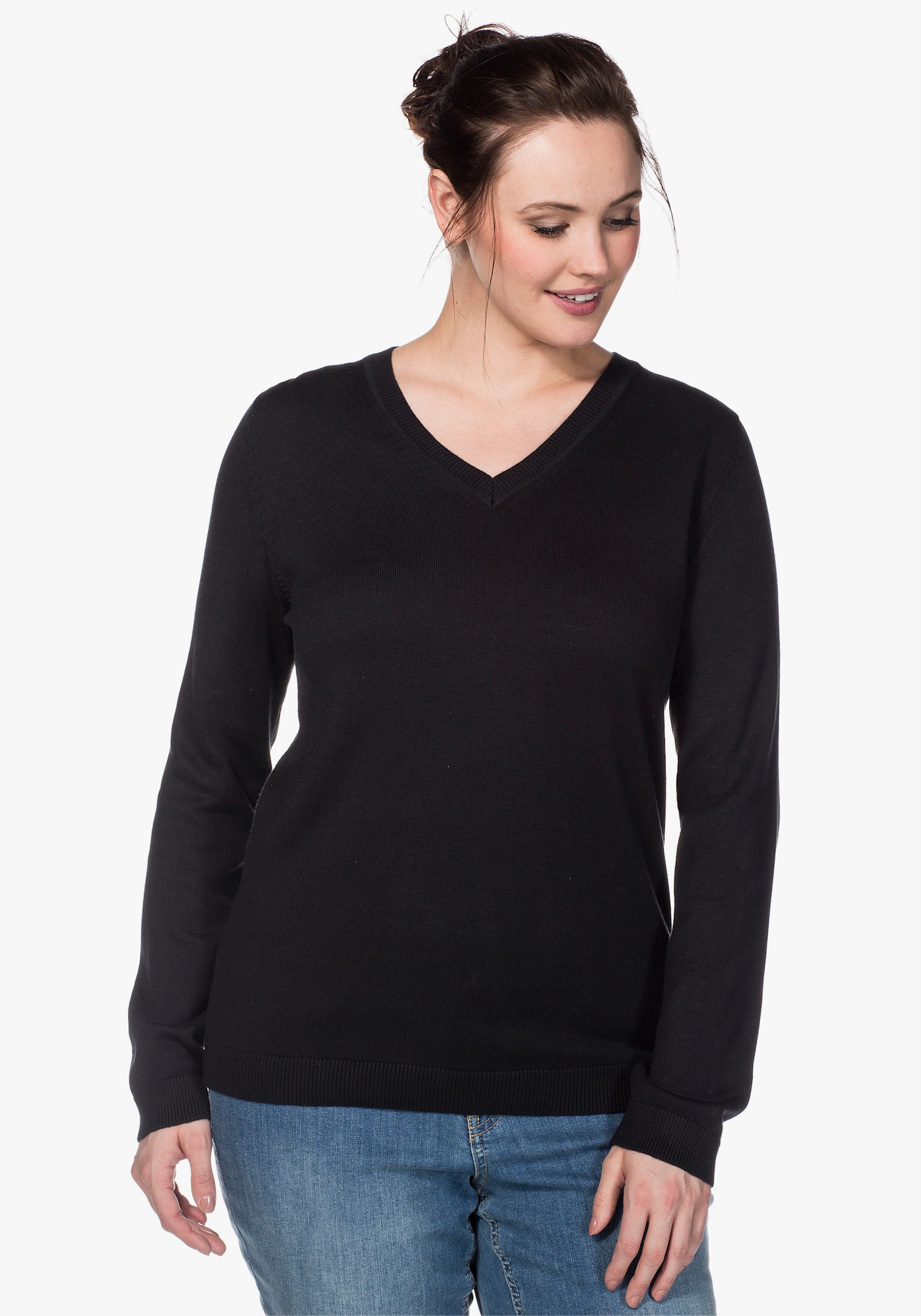 sheego Feinstrickpullover mit V-Ausschnitt - schwarz