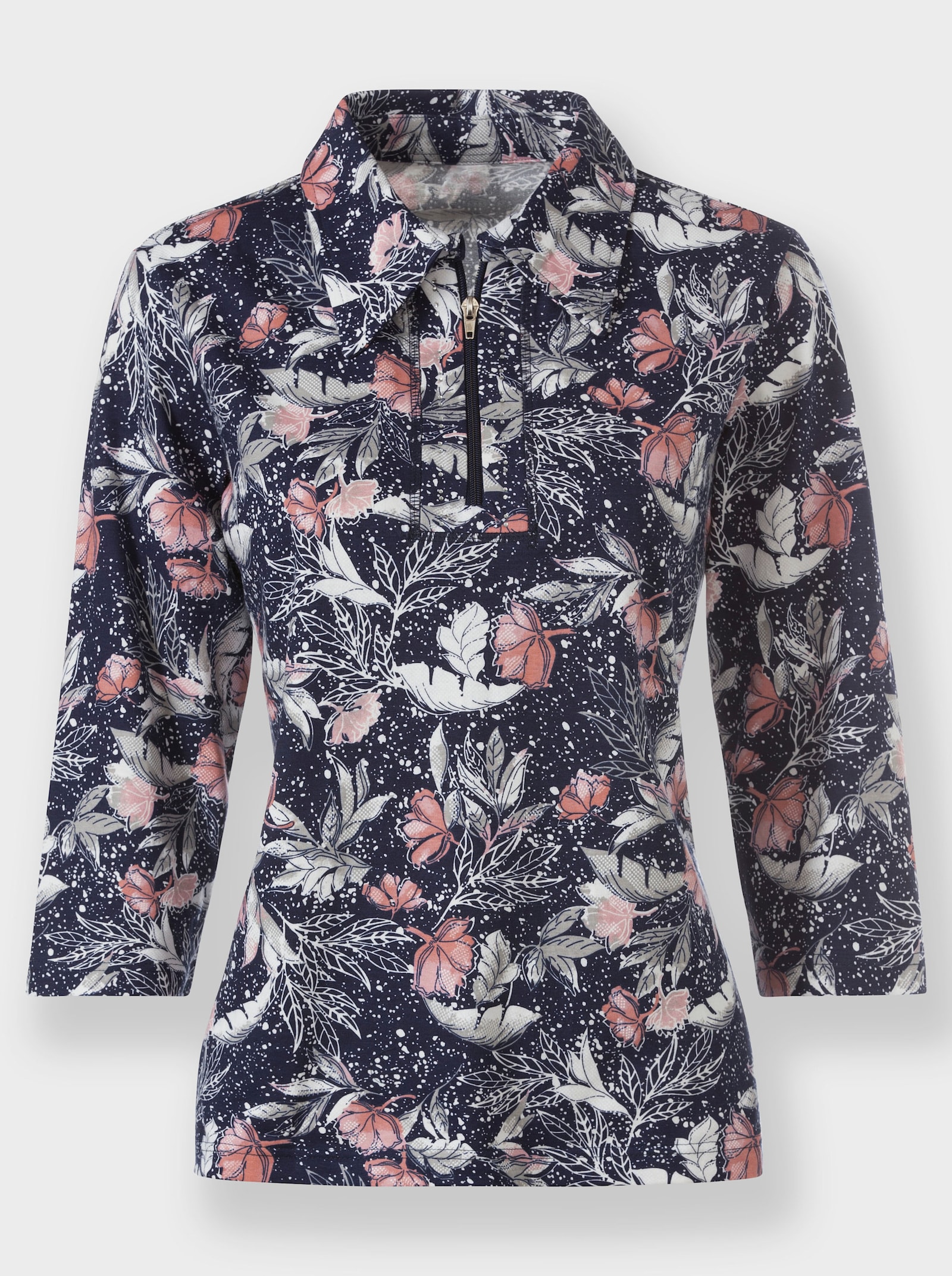 Poloshirt met gemengde bloemenprints - marine/hortensia bedrukt