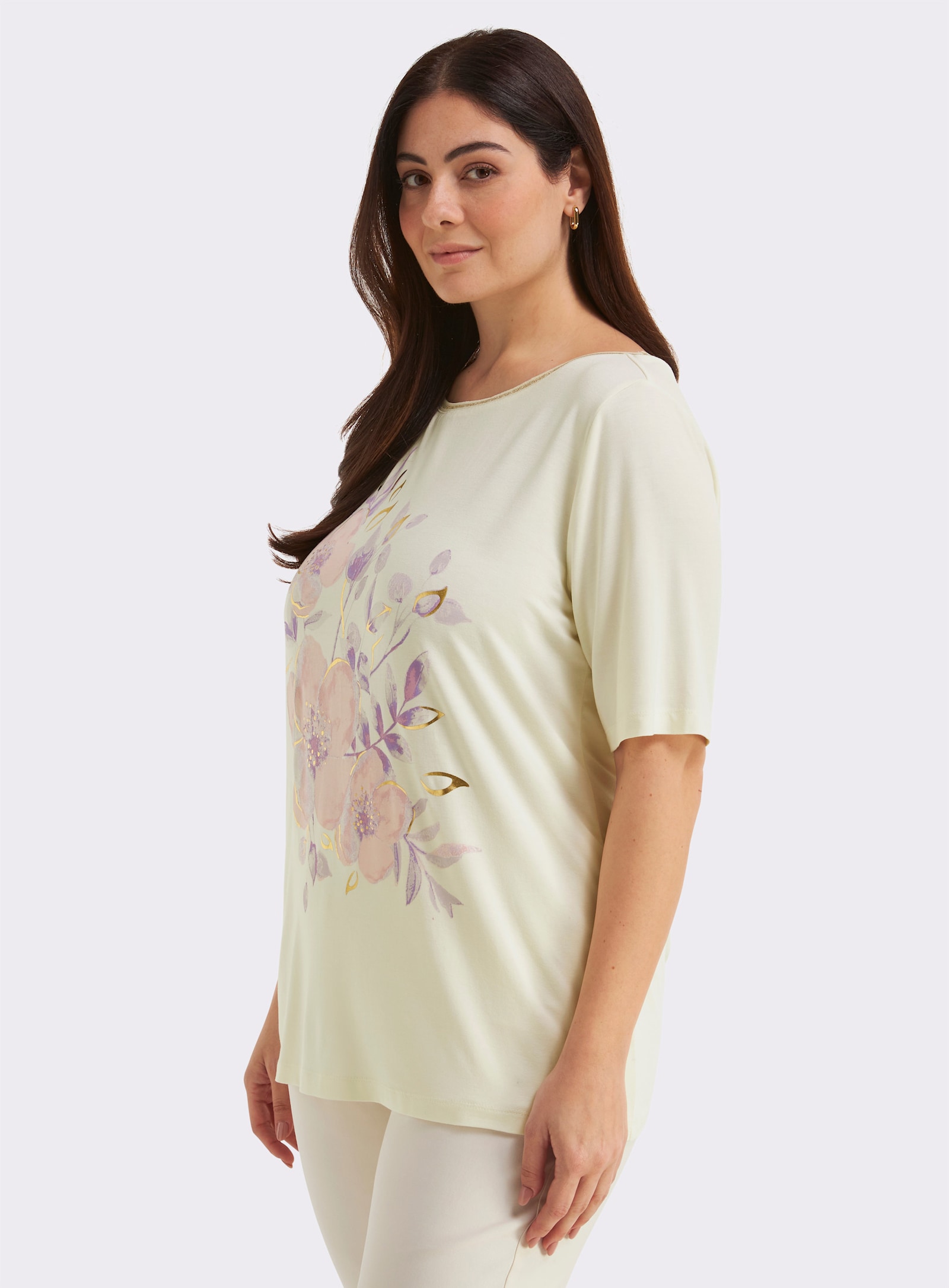 sheego Shirt met opvallende bloemenprint en lurexpaspel - champagne/orchidee bedrukt