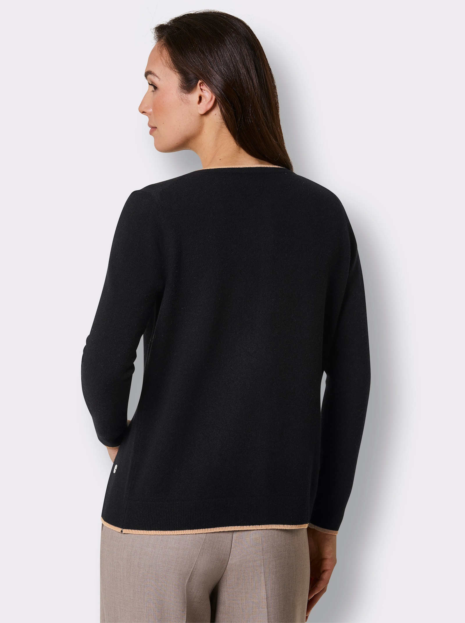 CREATION L PREMIUM Feinstrickjacke mit Kontrastkanten - schwarz-camel