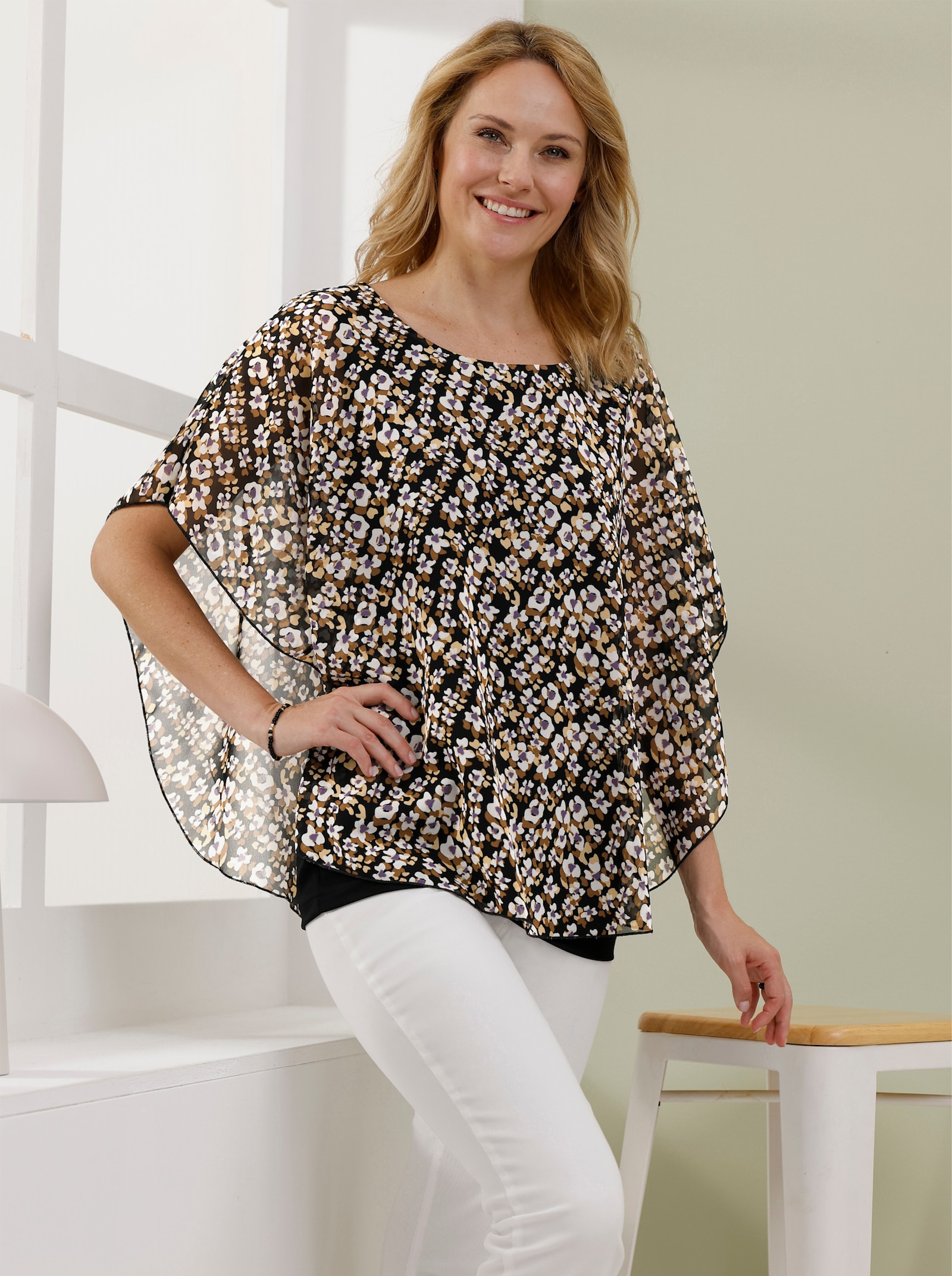 Schlupfbluse im Lagenlook - schwarz-braun-bedruckt
