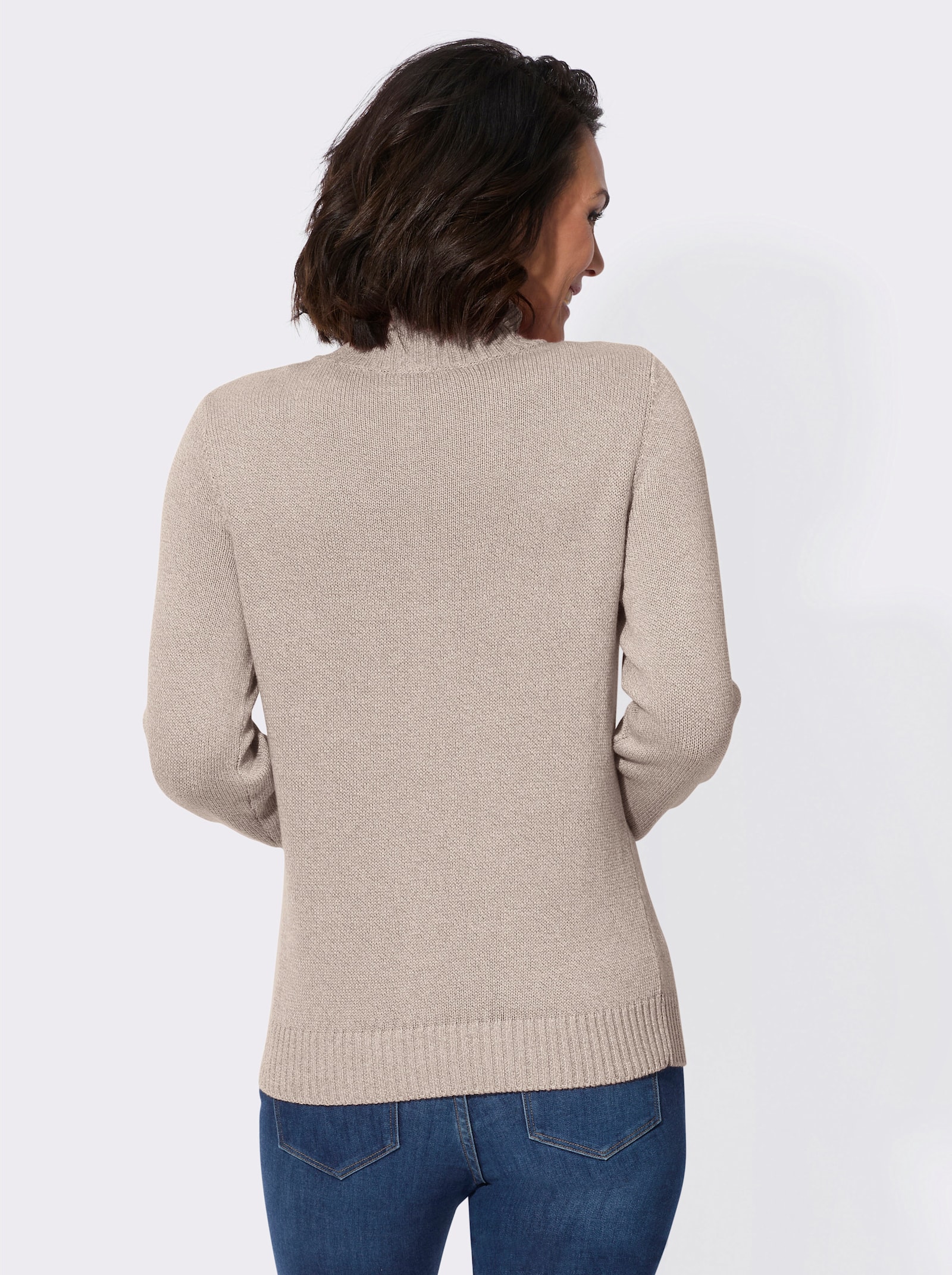 Stehkragenpullover mit Zopfmuster im Vorderteil - sesam-ecru-meliert