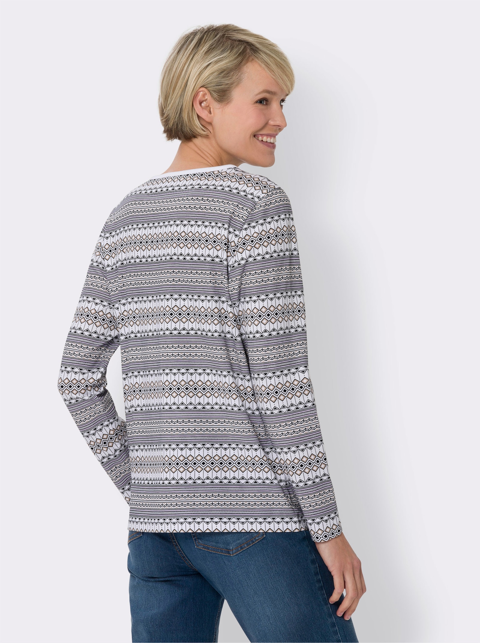 Rundhalsshirt im Norwegermuster - ecru-schwarz-bedruckt