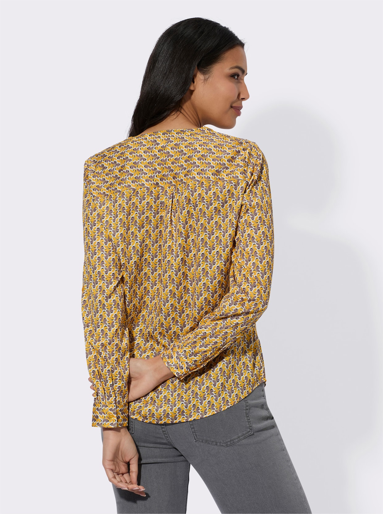 Comfortabele blouse - oker/donkertaupe bedrukt
