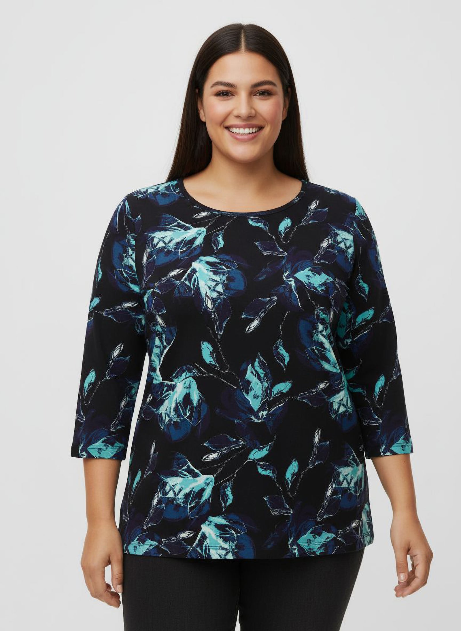 3/4-Arm-Shirt in Viskose-Qualität - schwarz-aquamarin-bedruckt