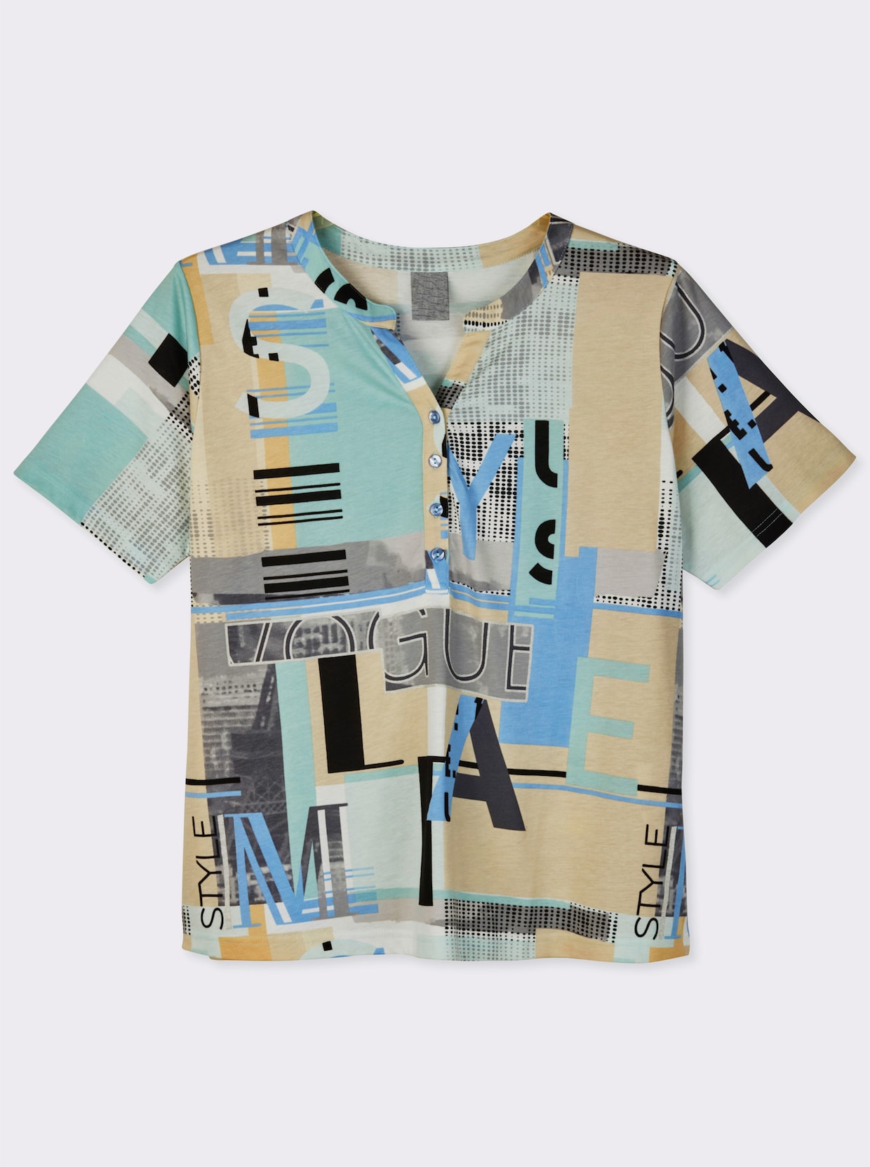 Kurzarmshirt im Baumwoll-Modal-Mix - bleu-sand-bedruckt