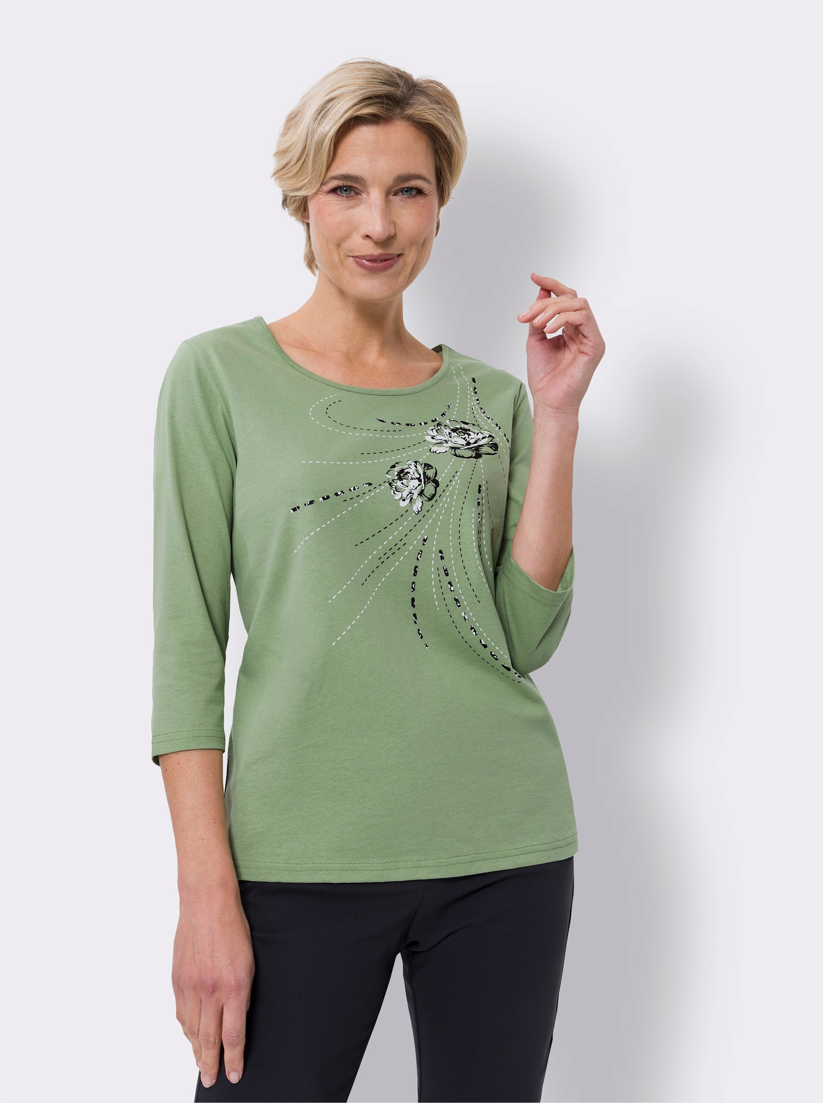 T-Shirt mit platziertem Blüten-Print - eucalyptus