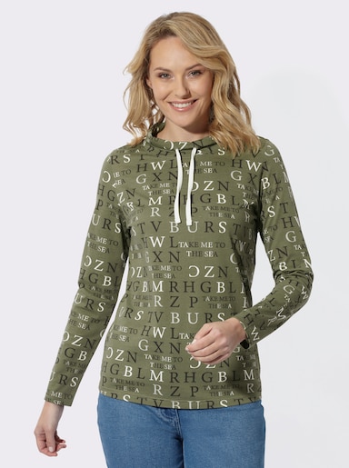 Stehkragenshirt mit Buchstabendruck - khaki-ecru-bedruckt