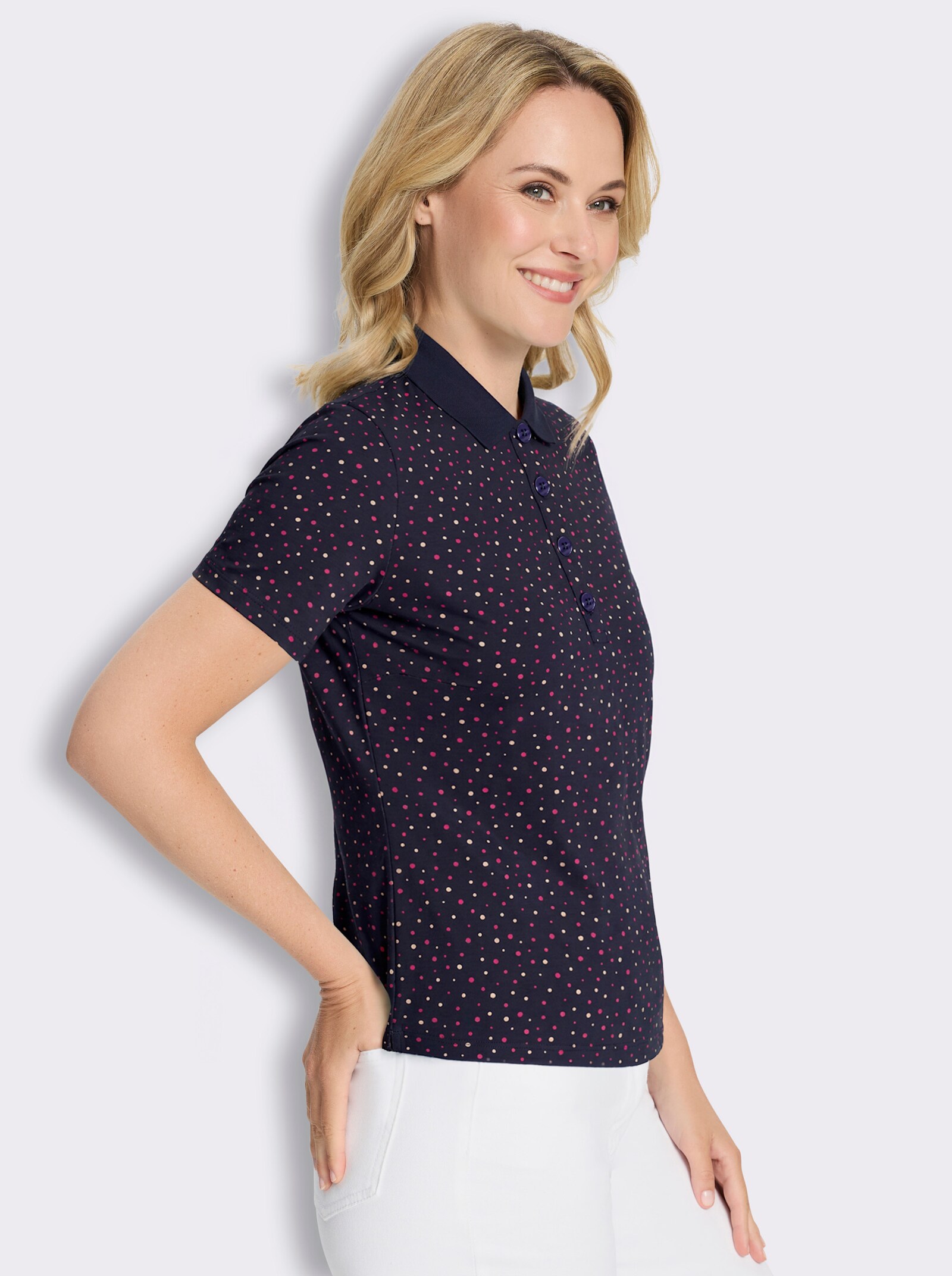 Poloshirt im Tupfen-Dessin - marine-fuchsia-getupft