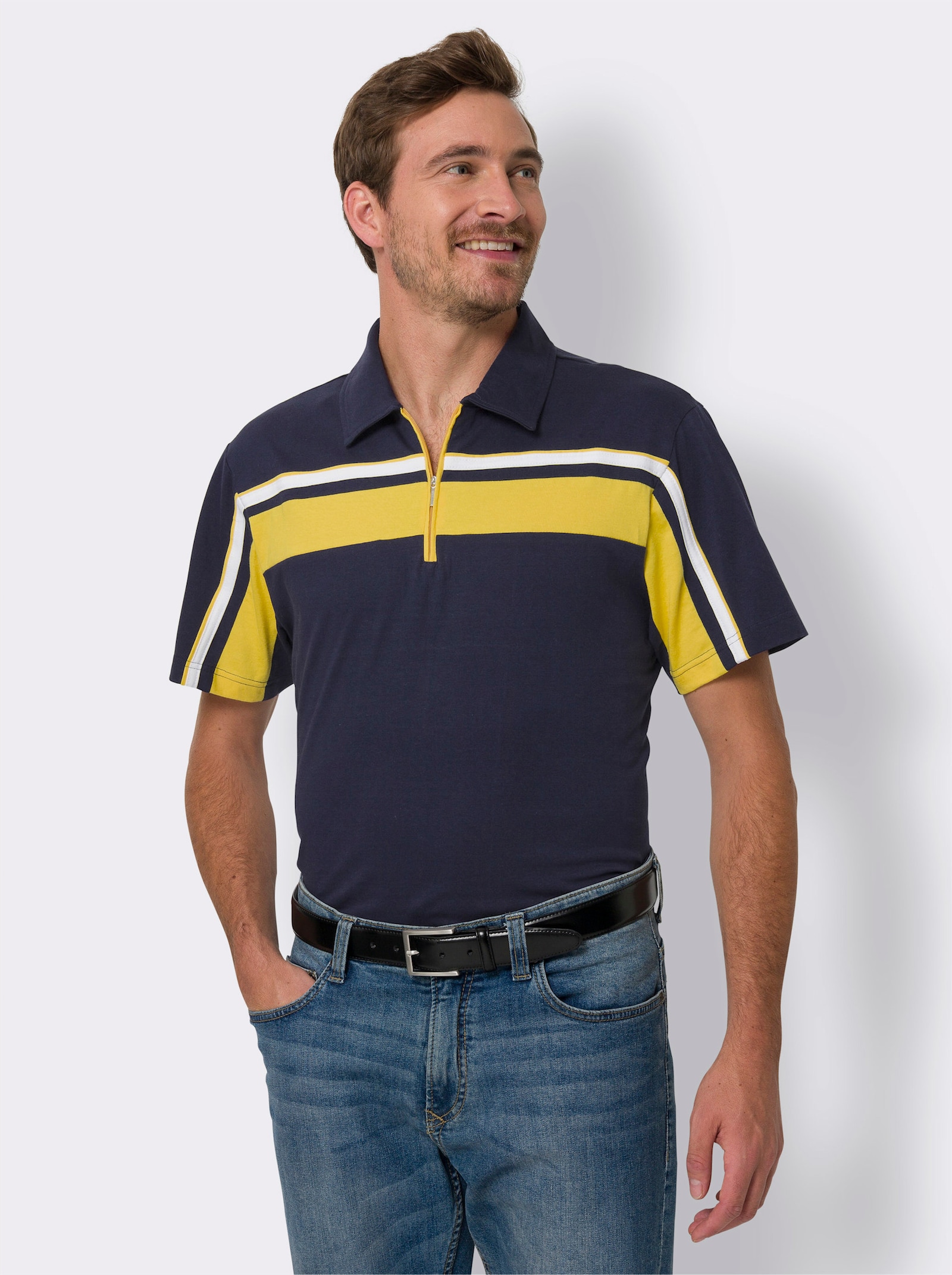 Poloshirt met korte ritssluiting - marine/zonnegeel