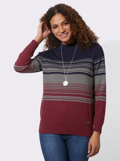 Stehkragenpullover mit Streifen - dunkelrot-grau-gestreift