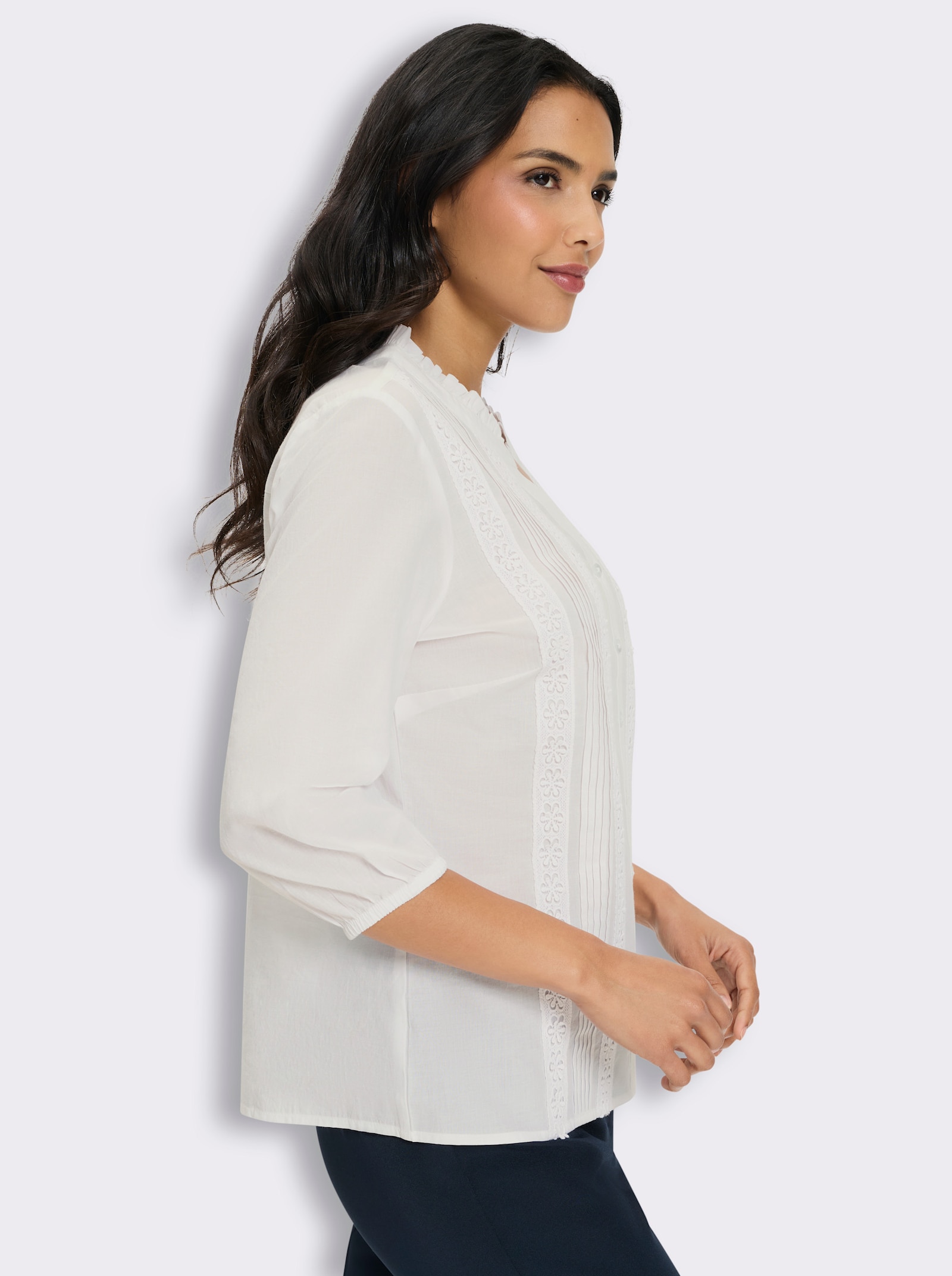 Baumwollbluse mit Rüschen- und Spitzenverzierung - weiß