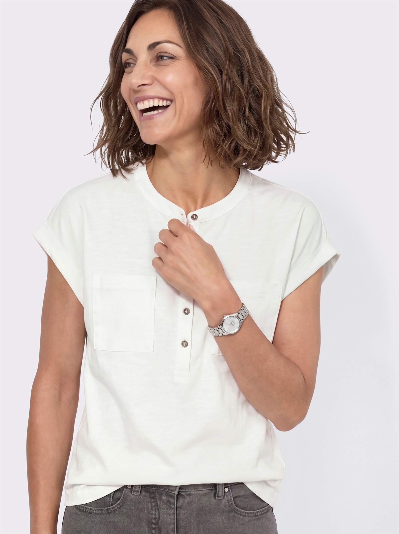 Kurzarmshirt mit Ärmelaufschlägen - ecru